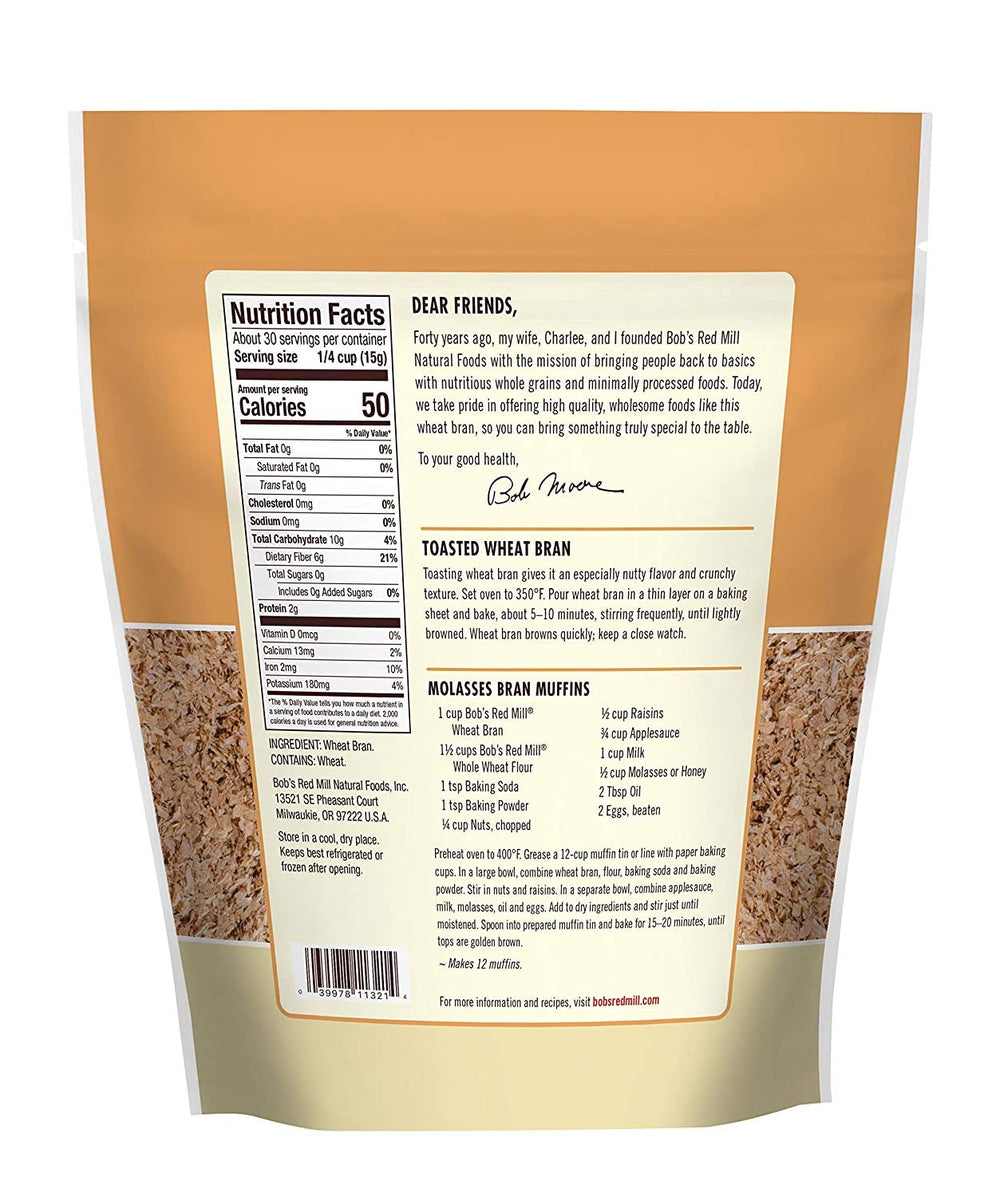 Bob's Red Mill Wheat Bran bowl image, ideal for adding fiber to meals.