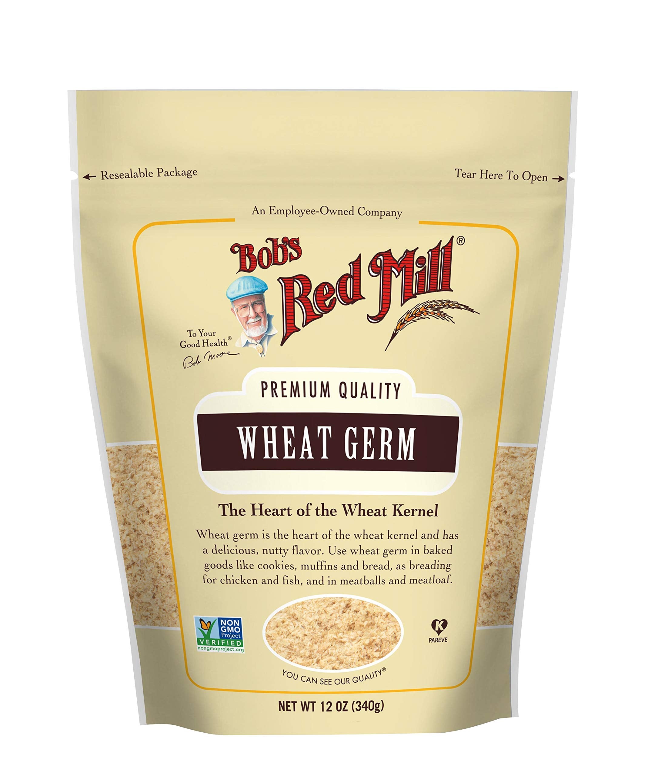 Bob's Red Mill Wheat Germ bag shows rich nutty texture for smoothies and baking.