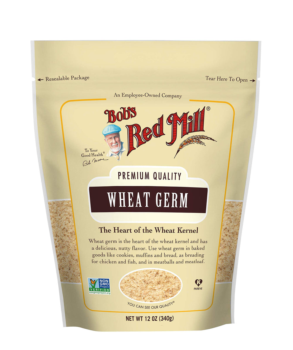 Bob's Red Mill Wheat Germ bag shows rich nutty texture for smoothies and baking.