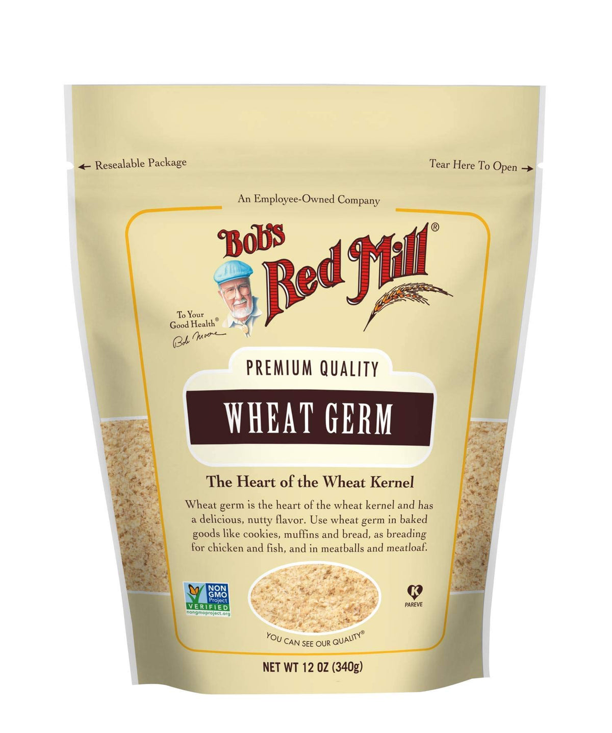 Bob's Red Mill Wheat Germ packaging, ideal for yogurt and smoothie toppings.