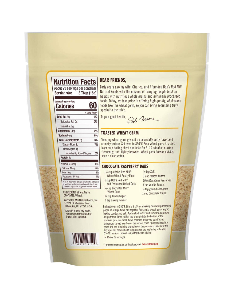 Bob's Red Mill Wheat Germ serving scoop, boosts nutty flavor in baked goods.