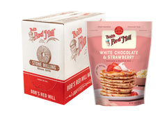 Bob's Red Mill White Chocolate Strawberry Pancake Mix bag ready for quick breakfasts.