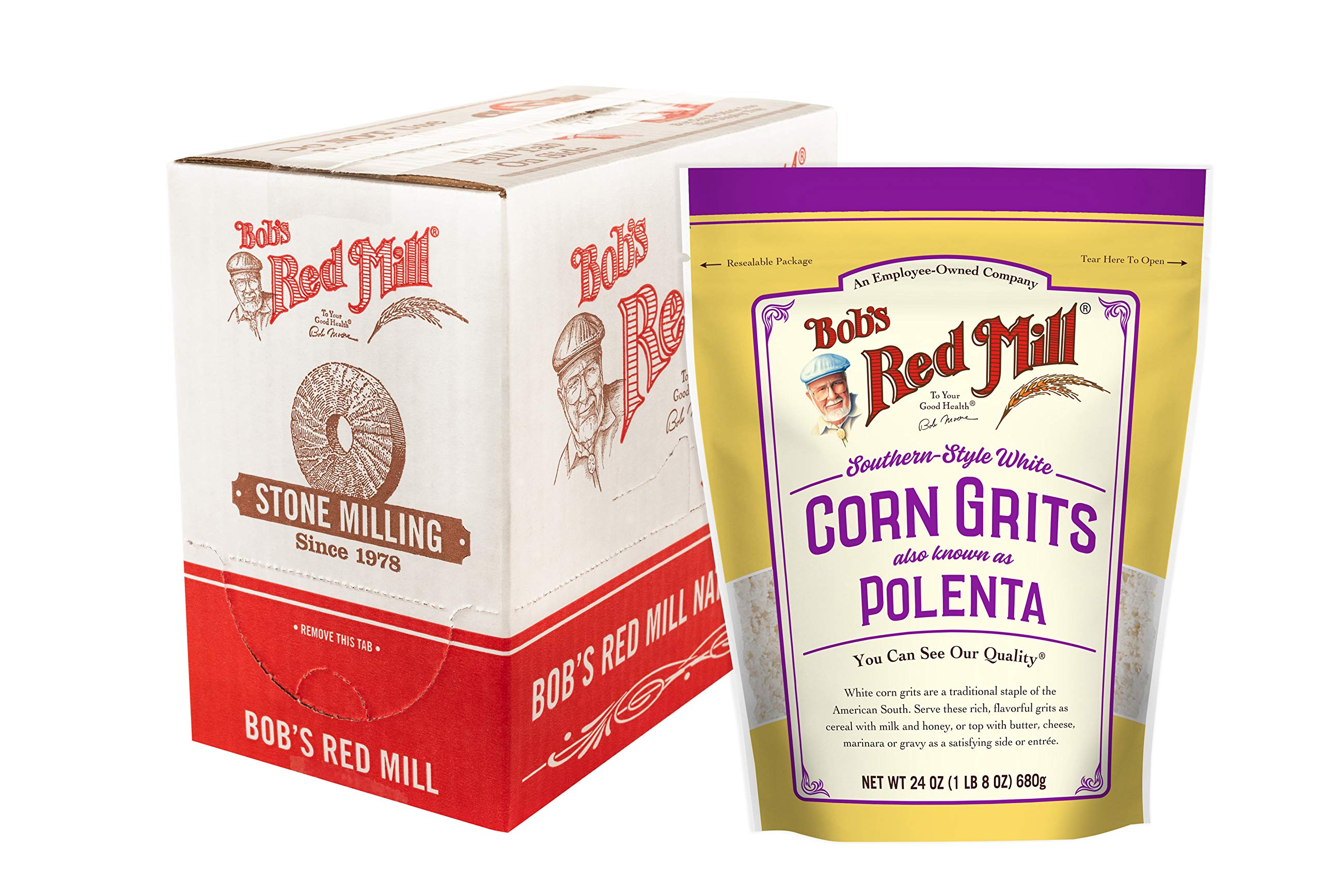 Bob's Red Mill White Corn Grits in a bowl for hearty breakfast porridge.