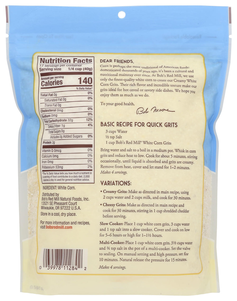 Bob's Red Mill White Corn Grits cooking in pot, quick five-minute prep option.