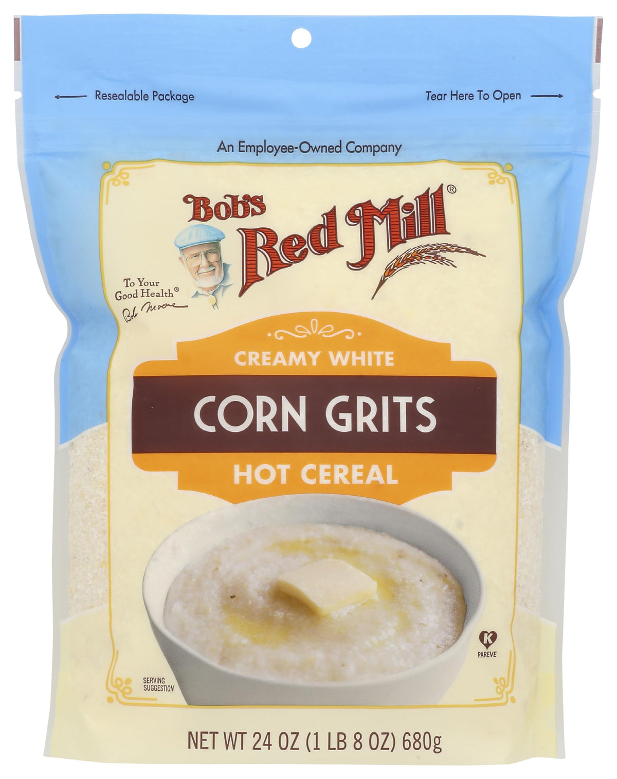 Bob's Red Mill White Corn Grits packaging on shelf highlighting versatile ways to enjoy Southern-style meals.