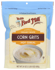 Bob's Red Mill White Corn Grits packaging on shelf highlighting versatile ways to enjoy Southern-style meals.