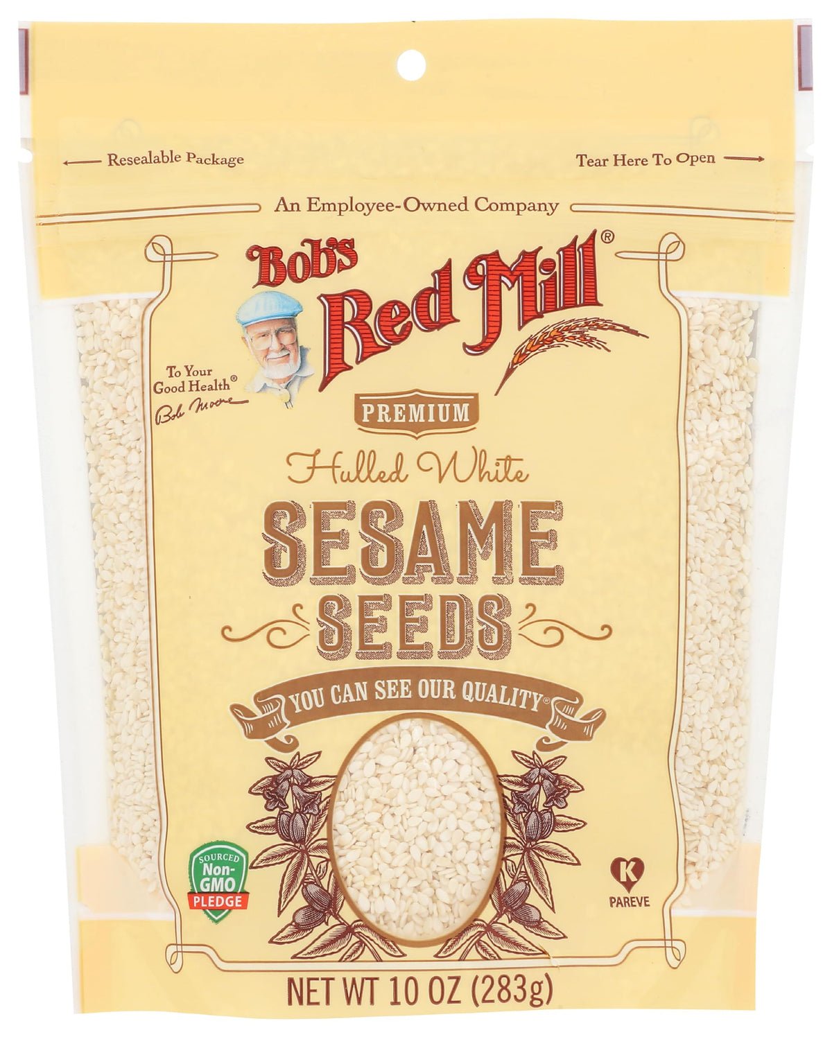 Bob's Red Mill white hulled sesame seeds in resealable bag for tahini and cooking.