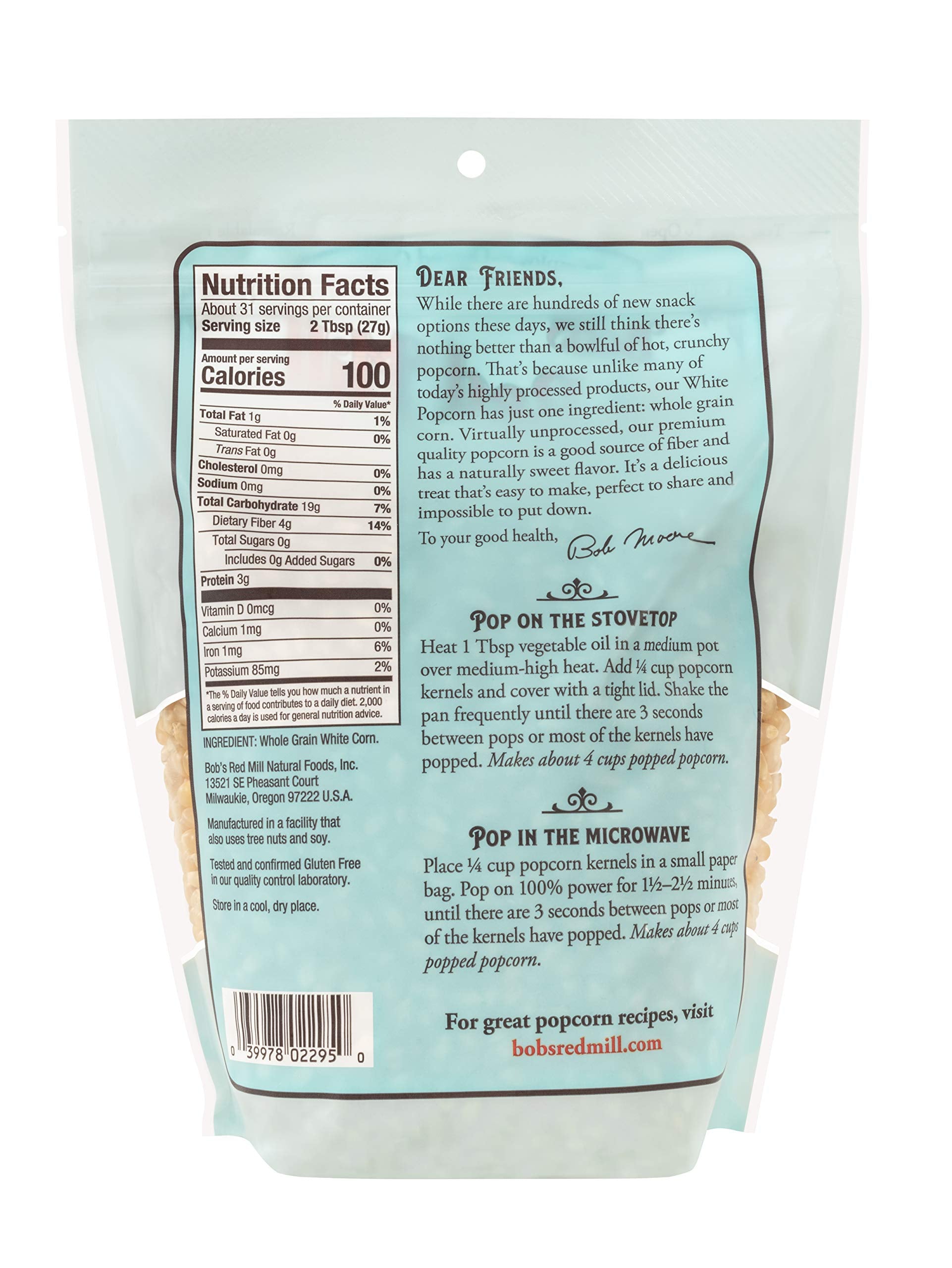 Bob's Red Mill White Popcorn in an air popper for light, low-fat snacking.