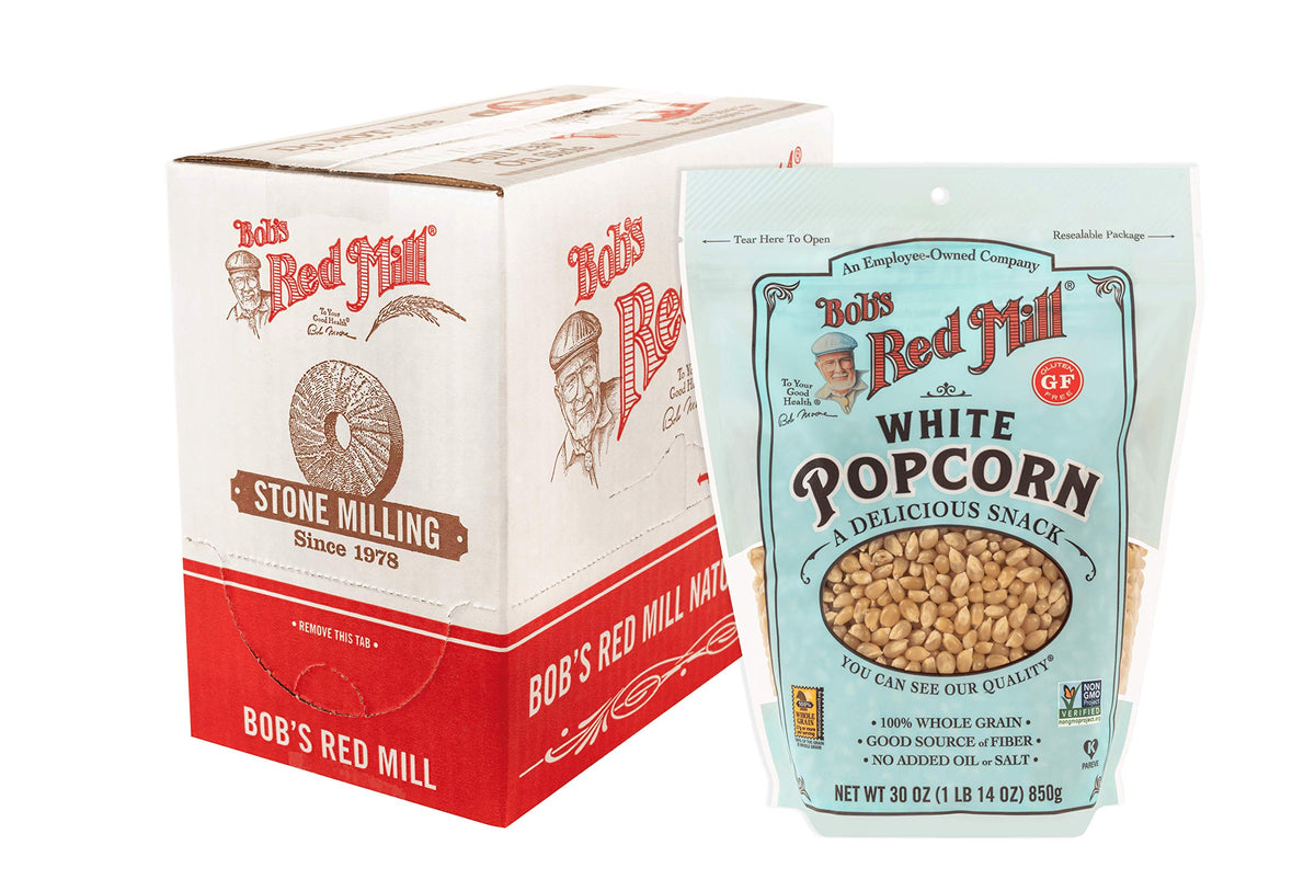 Bob's Red Mill White Popcorn kernels, uniform and ready to pop.
