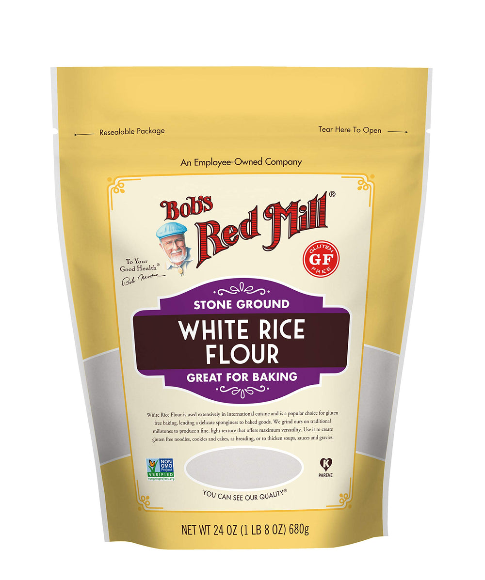 Bob's Red Mill White Rice Flour bag shows fine texture for gluten-free baking.