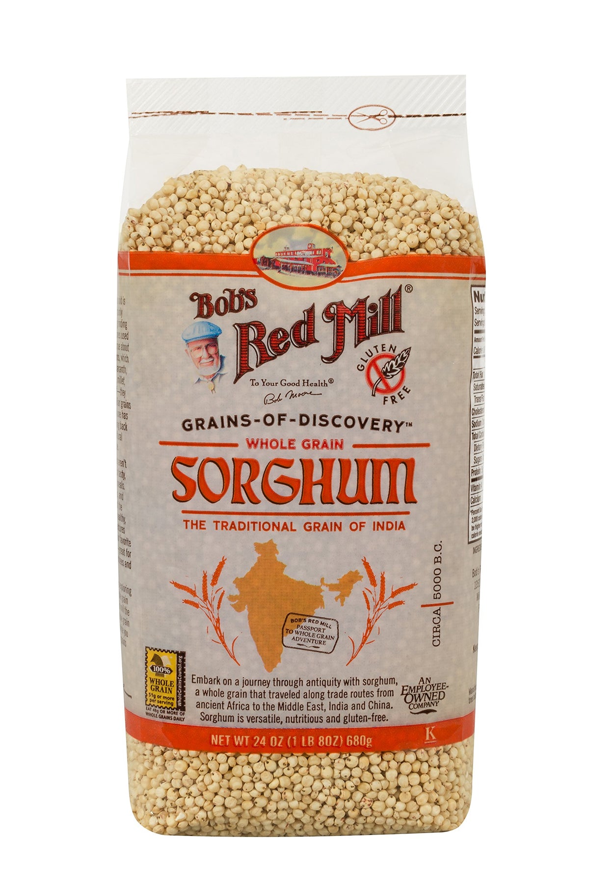 Bob's Red Mill whole grain sorghum bag, gluten-free grain for everyday meals.