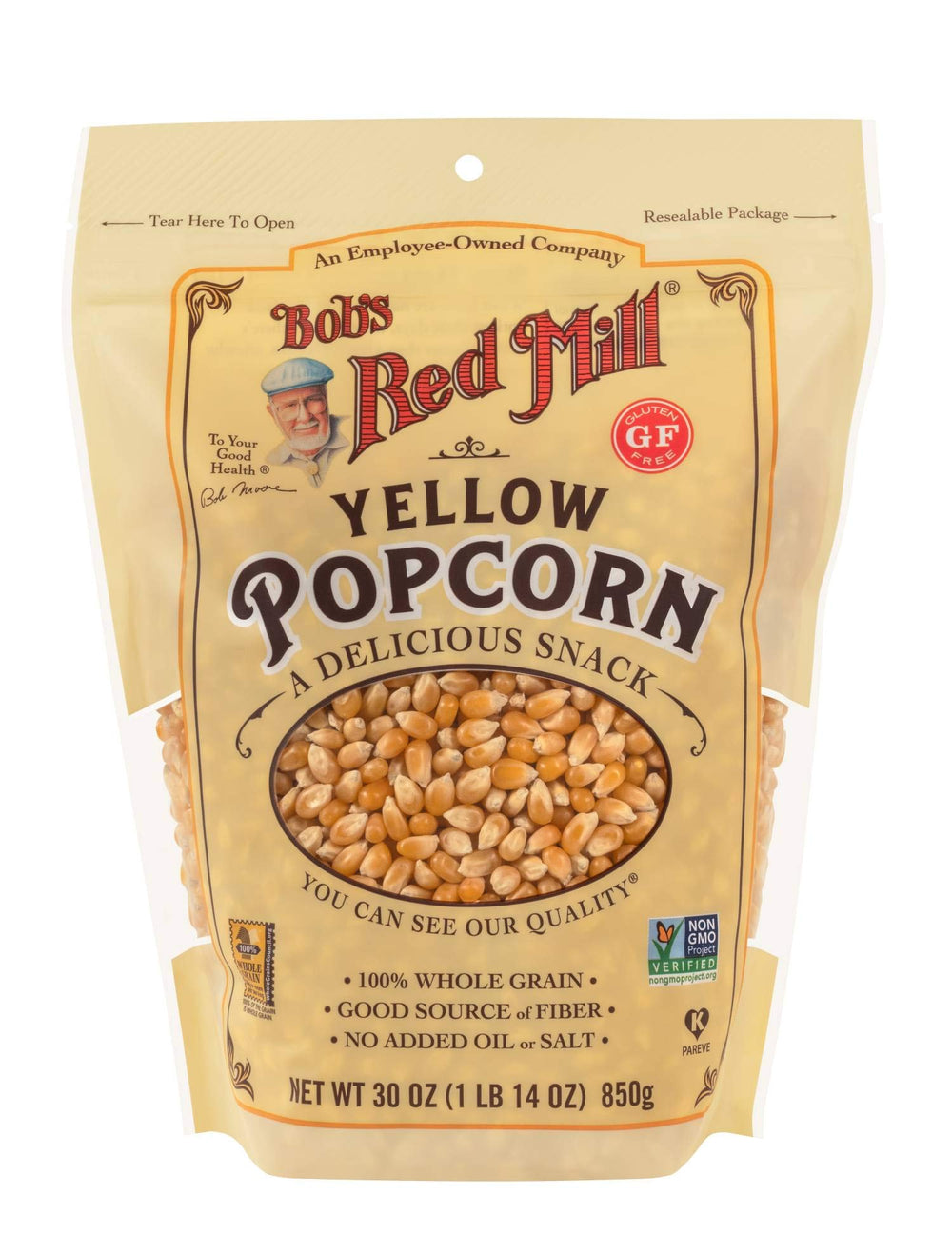 Bob's Red Mill Yellow Popcorn kernels ready to pop for a wholesome snack.