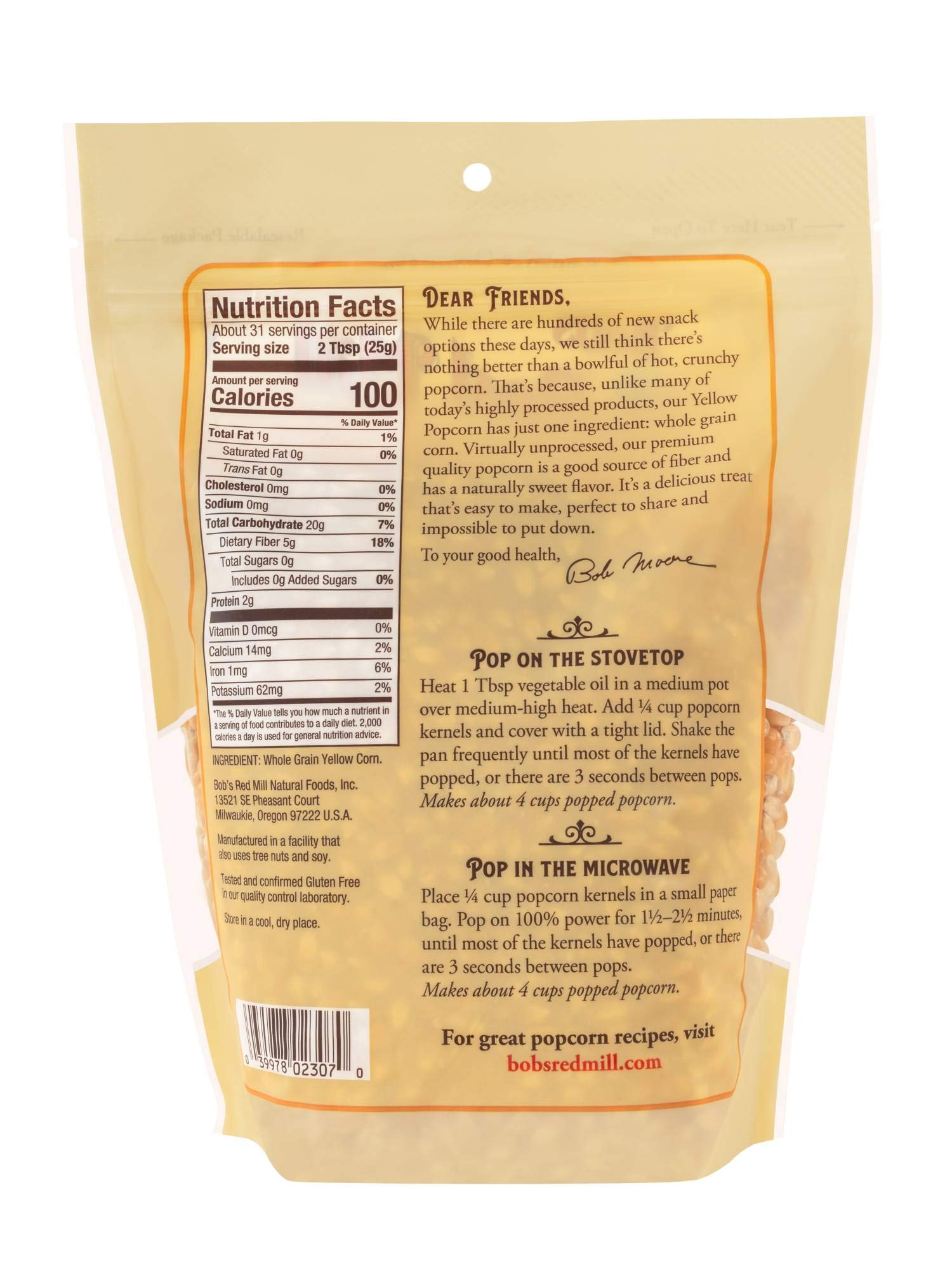 Bob's Red Mill Yellow Popcorn microwave bag, quick and tasty.