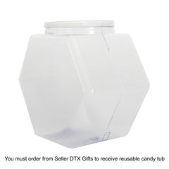 Clear reusable plastic tub with Bob's Sweet Stripes candy after use