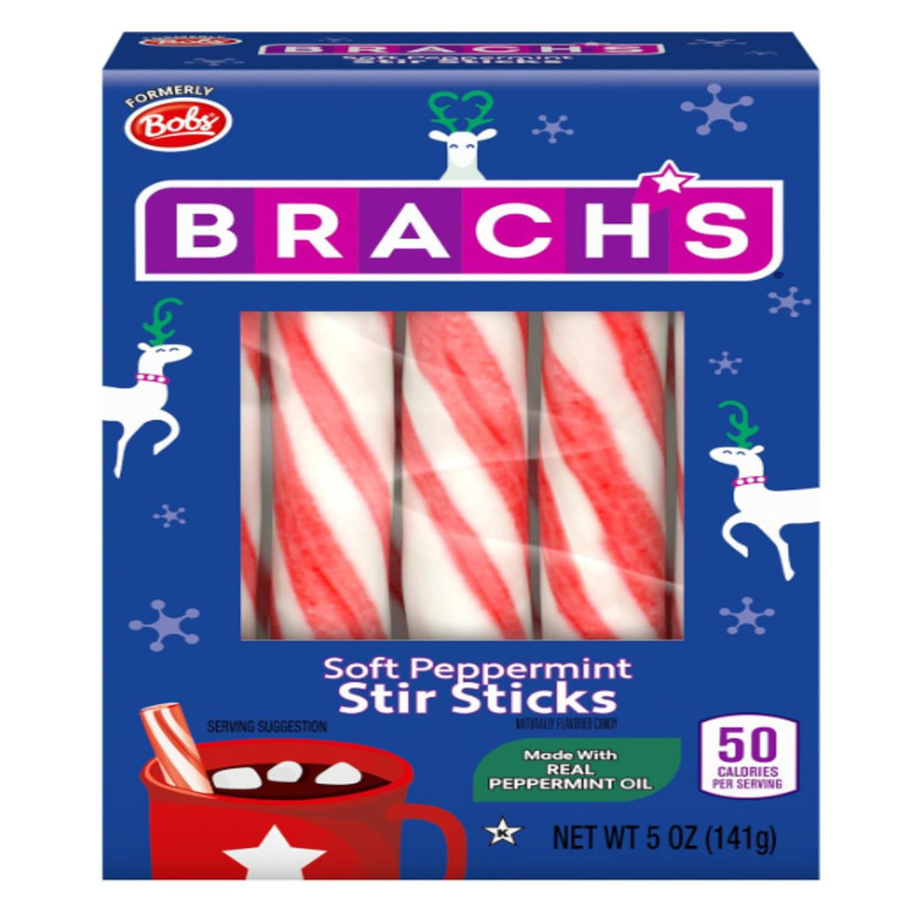 Bob's Sweet Stripes Soft Mint Stir Sticks in a 5oz box for festive gifting.