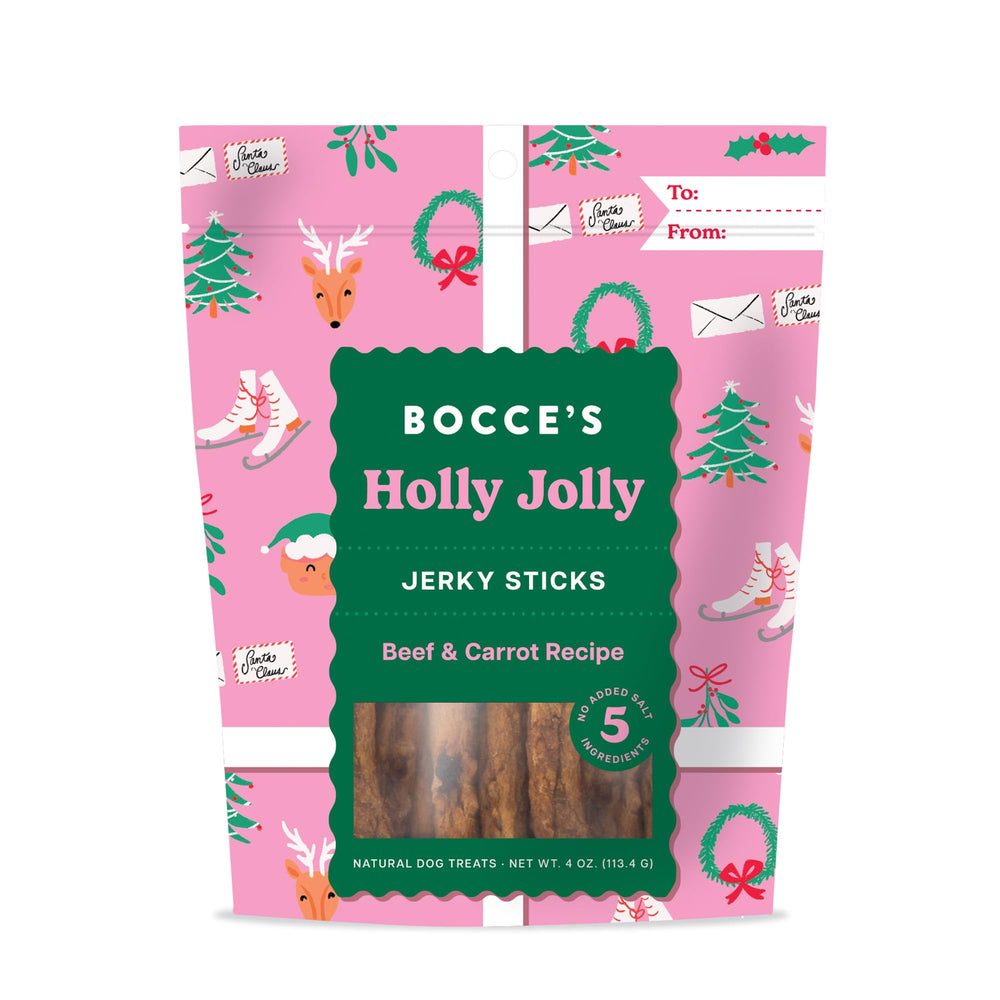 Bocce's Bakery Holly Jolly packaging shows a festive, high-protein dog treat for rewards