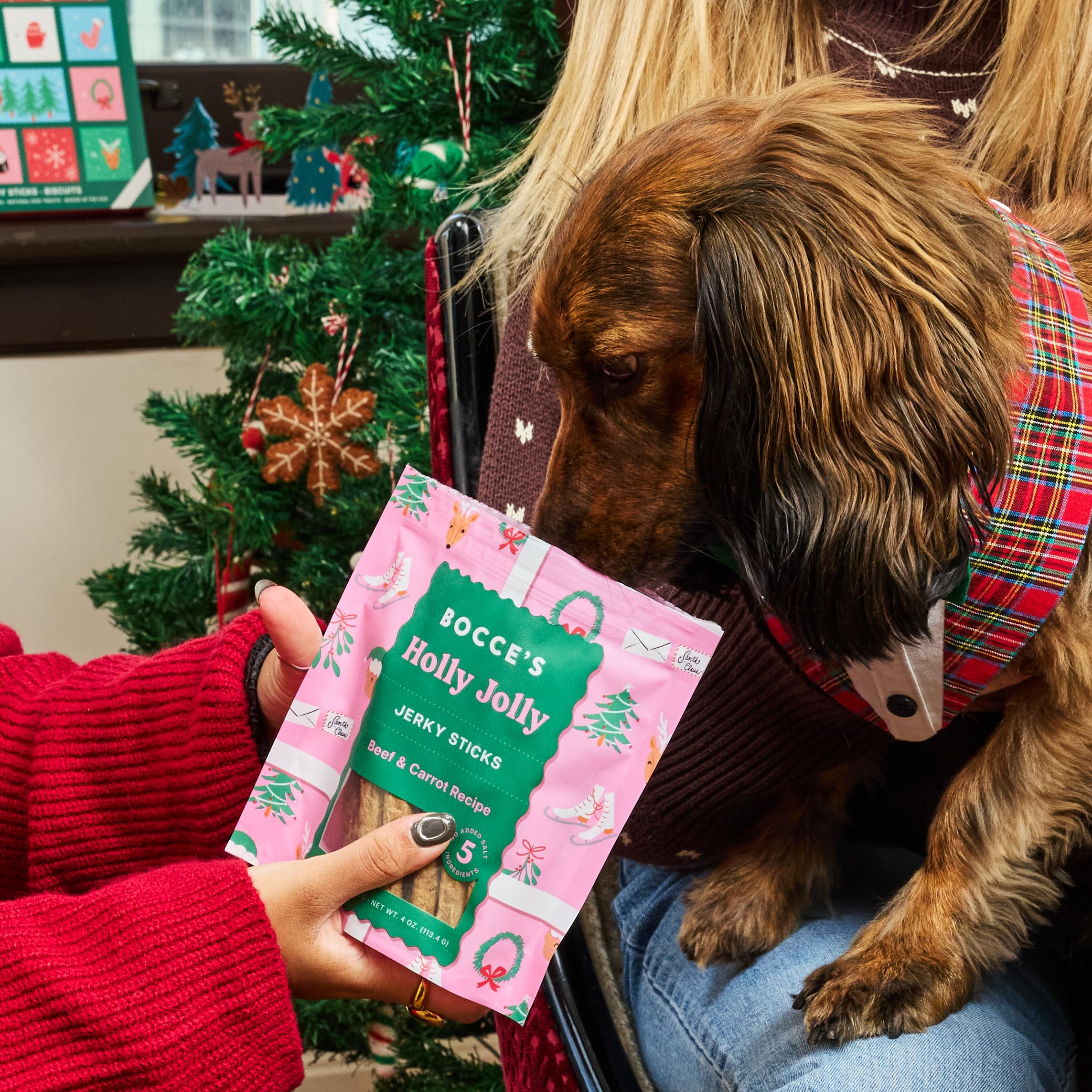 USA-made label highlighted on Bocce's Bakery Holly Jolly jerky sticks