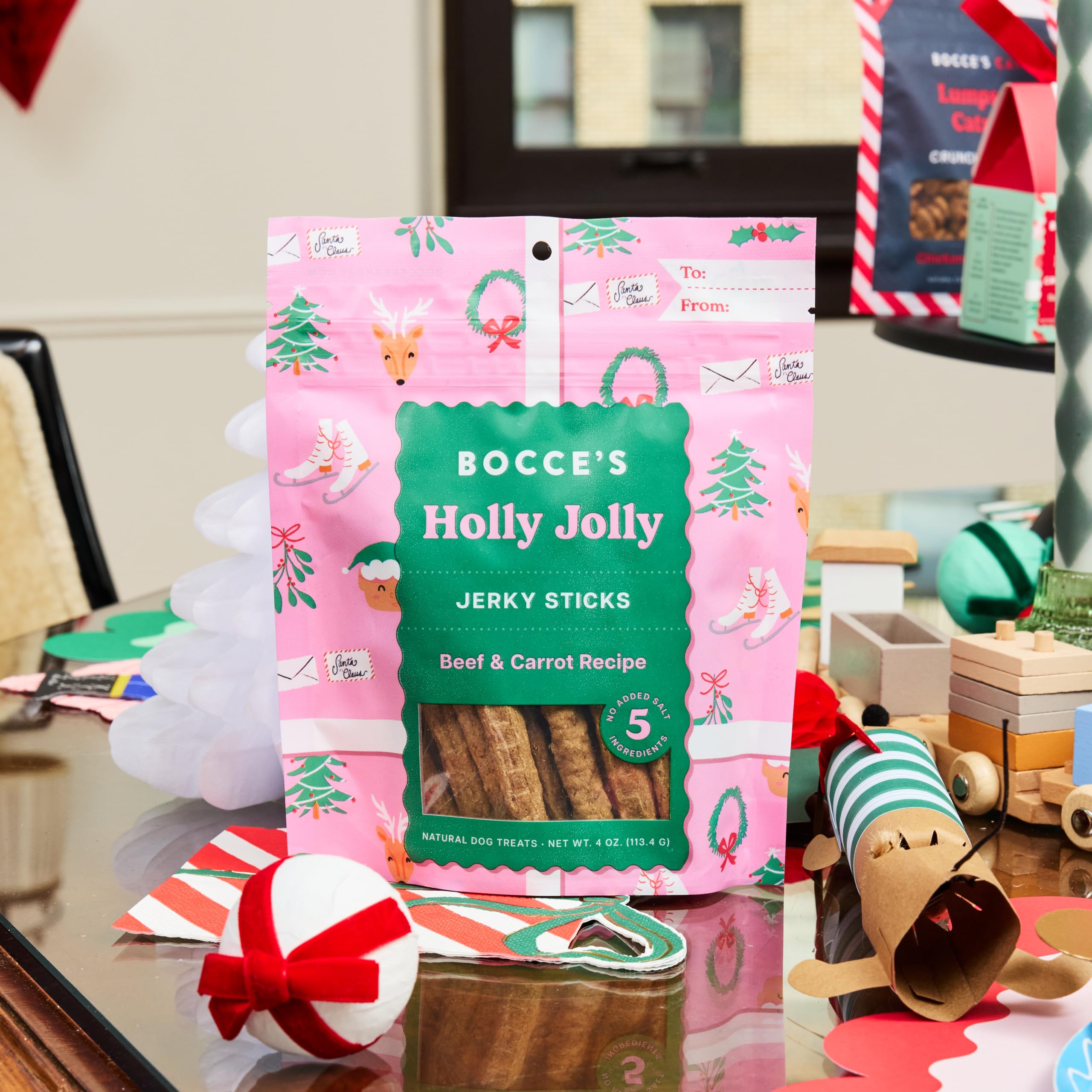 Zero added salt and sugar shown on Bocce's Bakery Holly Jolly packaging
