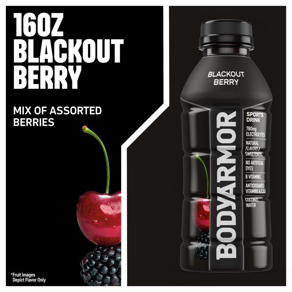 BODYARMOR Blackout Berry ice-cold glass for refreshing hydration with natural flavors