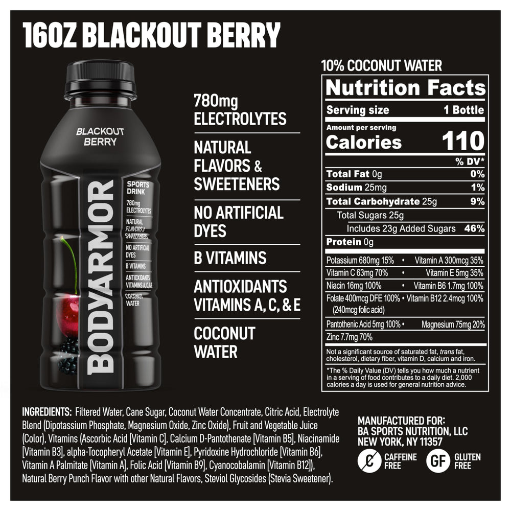 Pouring BODYARMOR Blackout Berry into a glass for refreshing hydration