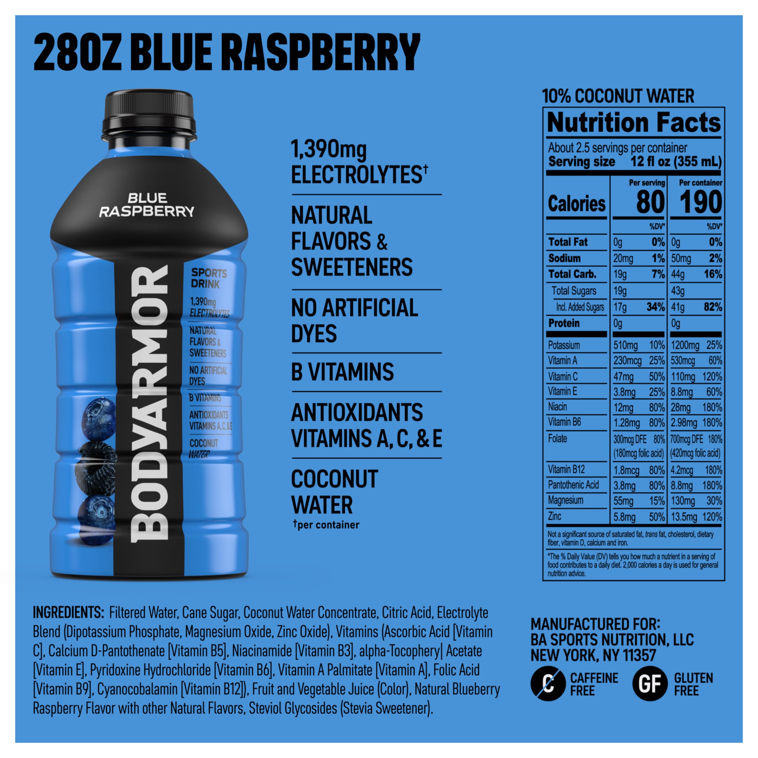 BODYARMOR Blue Raspberry pour shows electrolyte-rich hydration for post‑workout recovery.