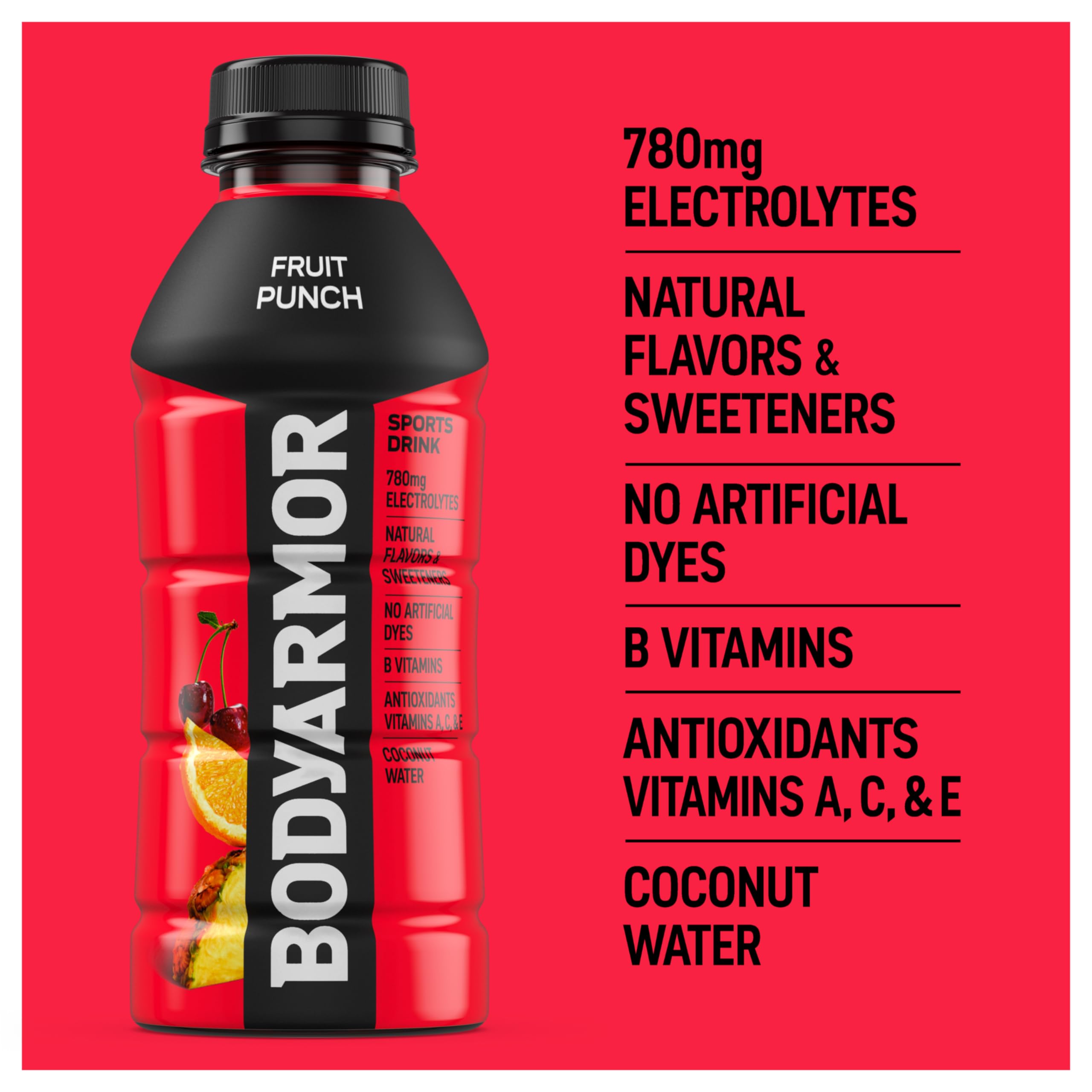 BODYARMOR bottle label hero communicates clean design and natural ingredients.