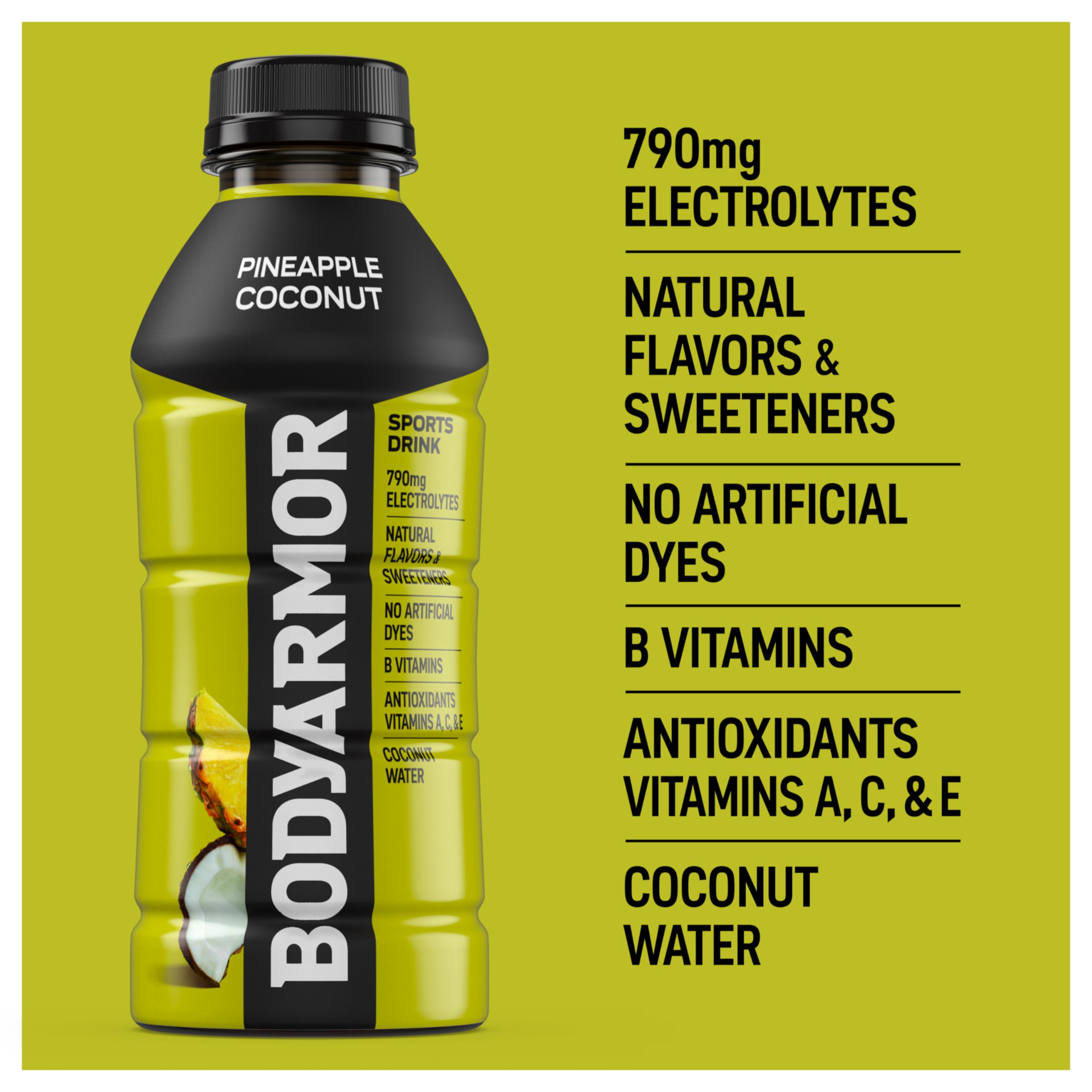 BODYARMOR bottle with glass suggests refreshing tropical hydration.