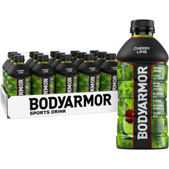 BodyARMOR Cherry Lime bottle shows coconut water for refreshing hydration during workouts.