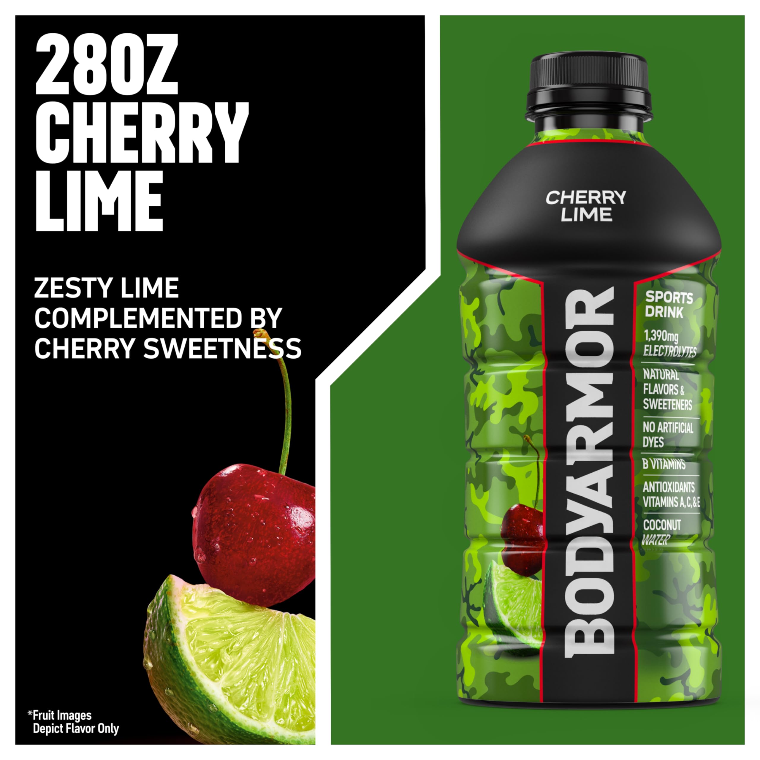 BodyARMOR Cherry Lime label close-up featuring antioxidants and no artificial additives.