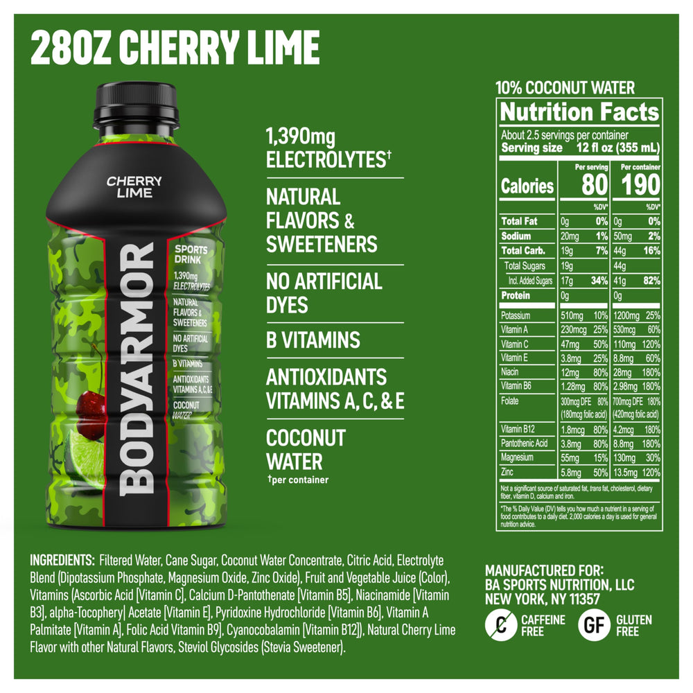 BodyARMOR Cherry Lime pour into a glass highlighting vibrant flavor for active days.