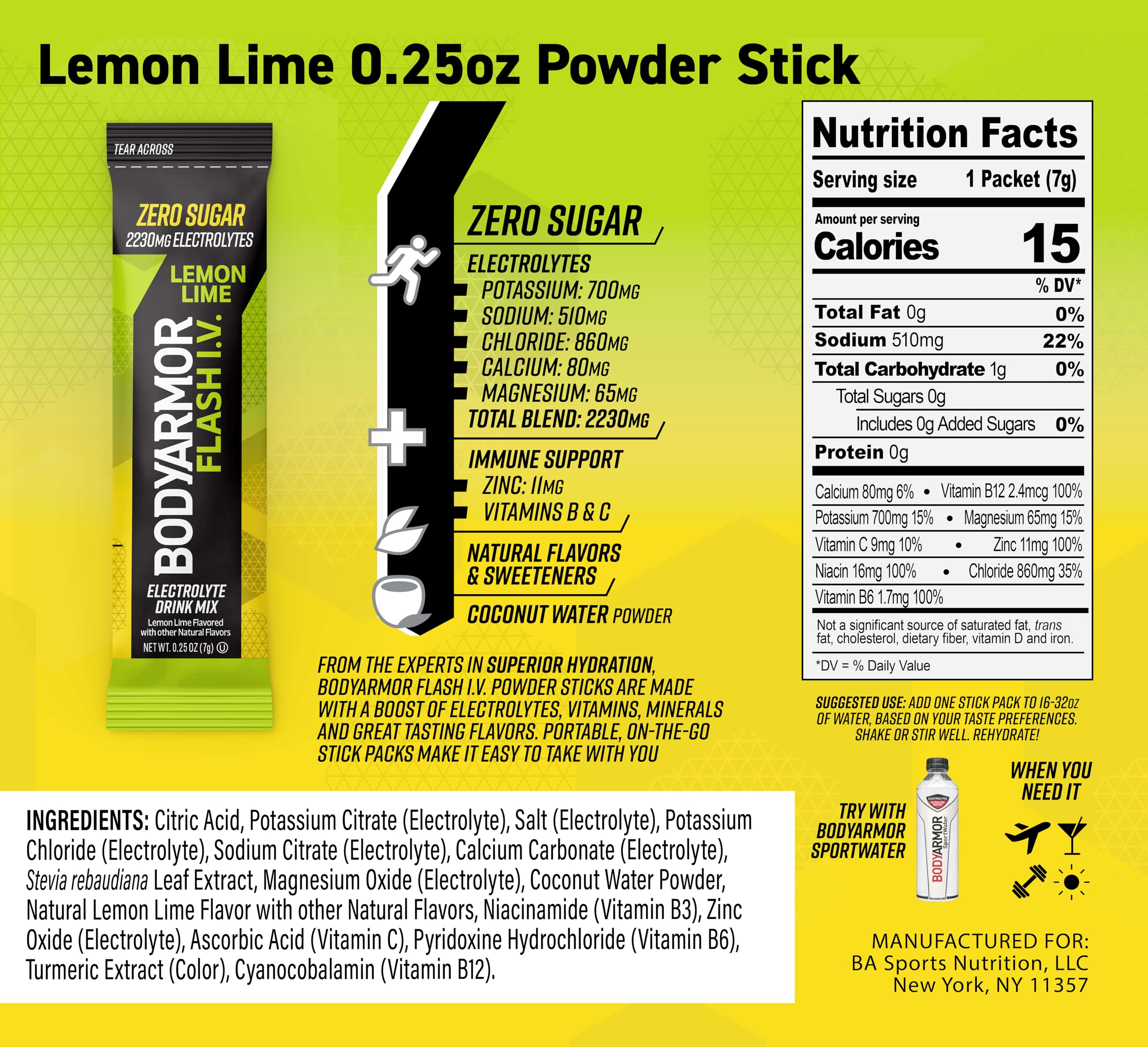 BODYARMOR Flash IV coconut water powder adds electrolytes for quick refreshment.