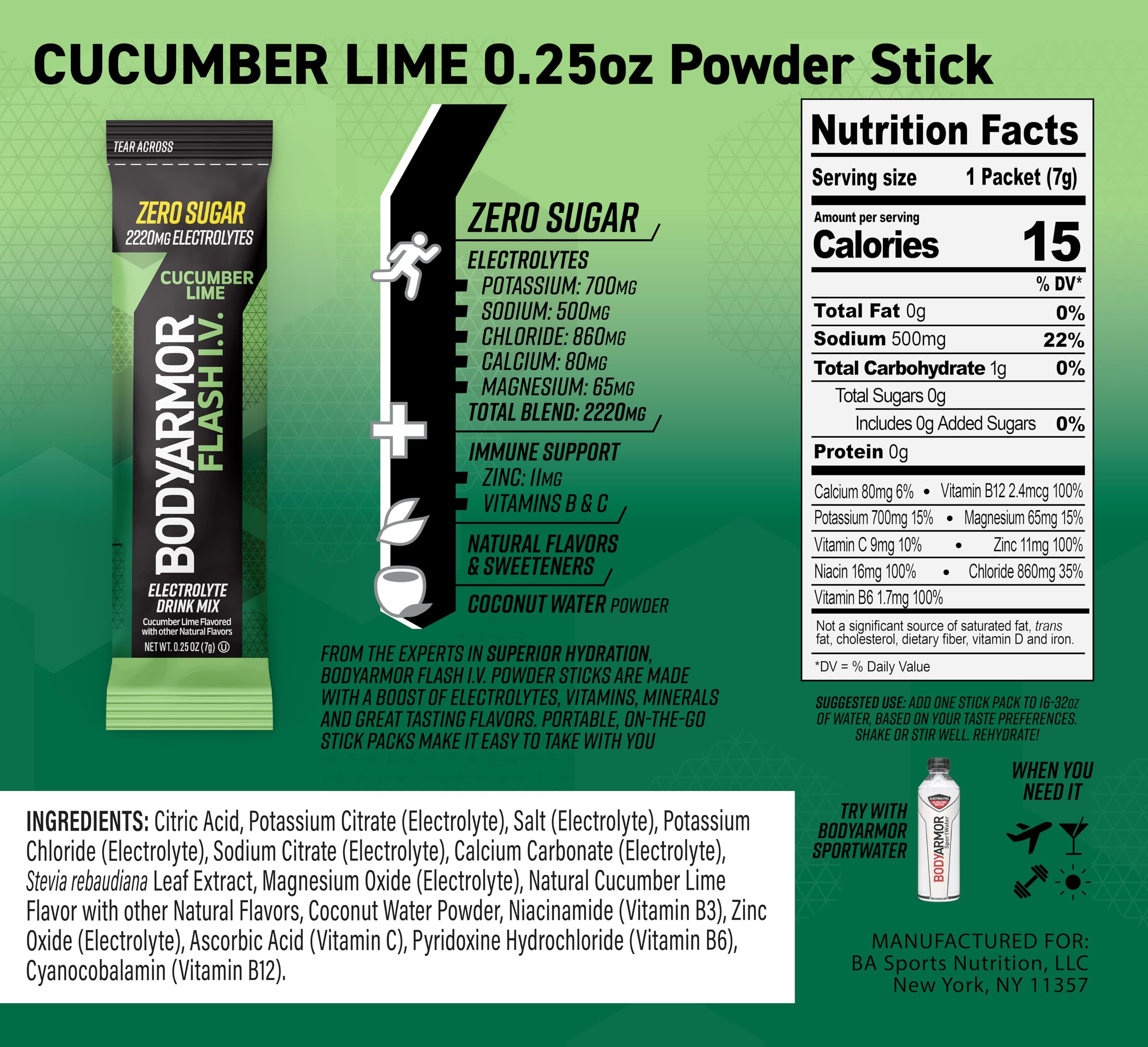 BodyArmor Flash IV cucumber lime front label shows ingredients and zero sugar