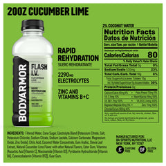 BODYARMOR Flash I.V. cucumber lime label closeup showing electrolytes and coconut water