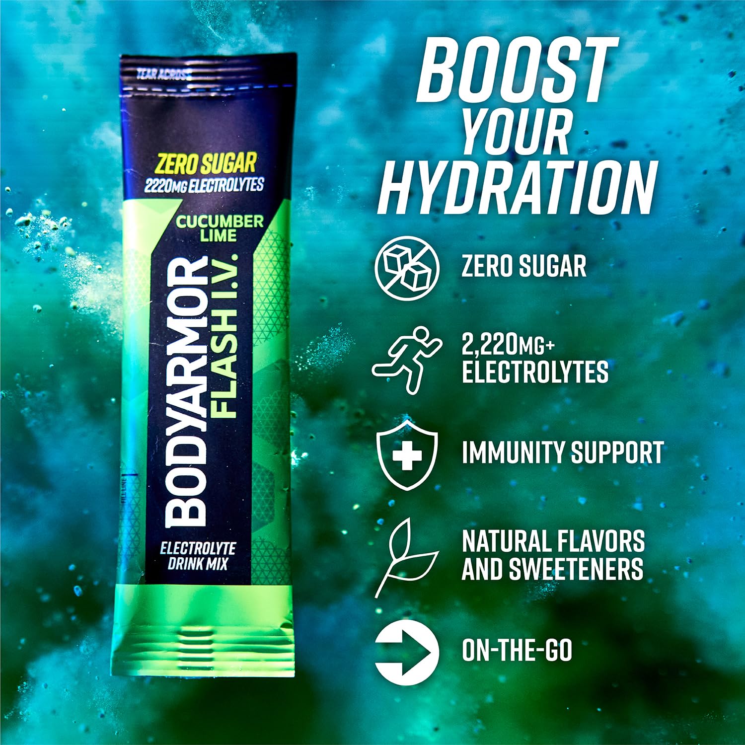 BodyArmor Flash IV cucumber lime packets ready to mix for zero sugar hydration