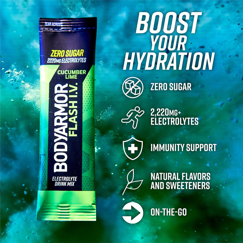 BodyArmor Flash IV cucumber lime packets ready to mix for zero sugar hydration