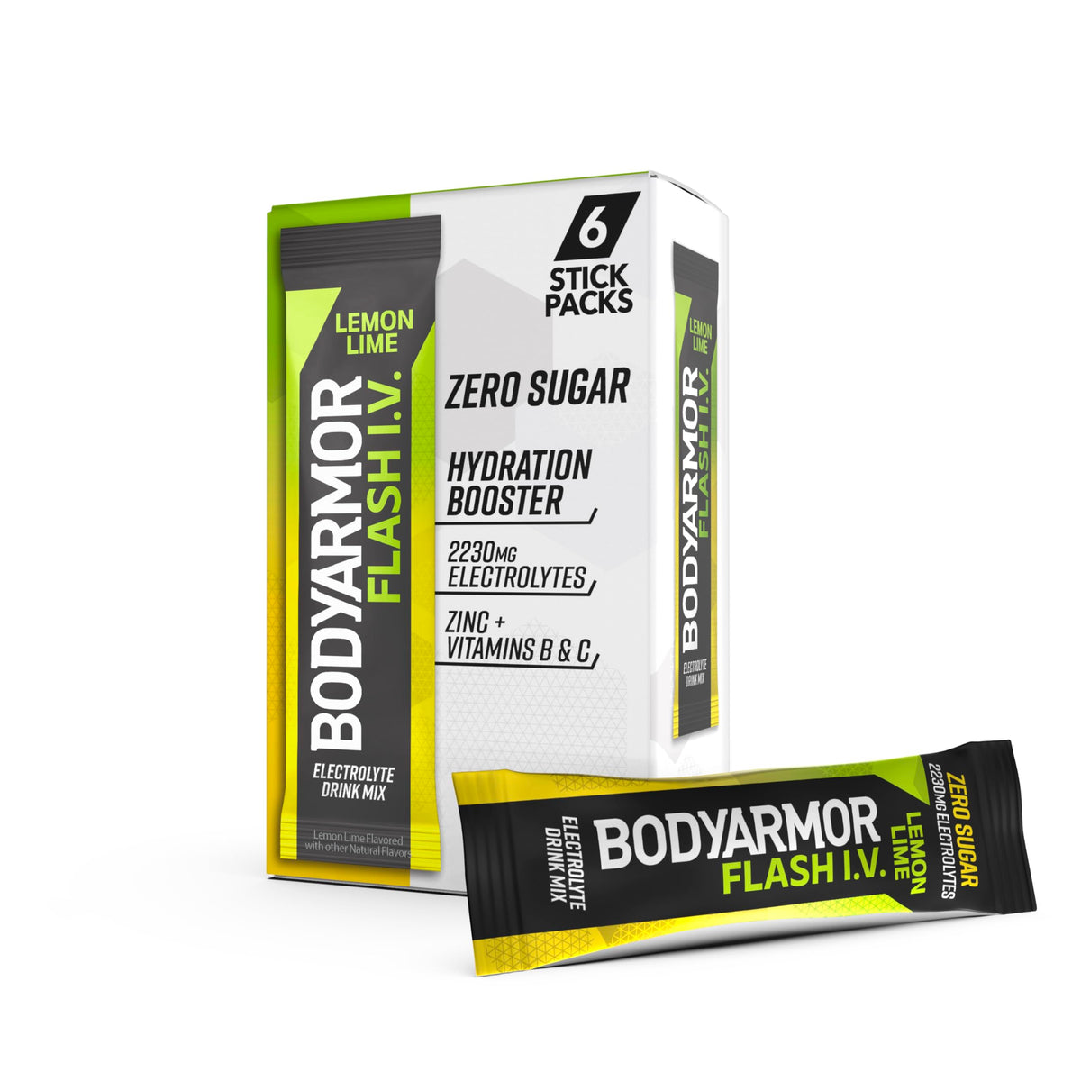 BODYARMOR Flash IV electrolyte packets lemon lime for on-the-go hydration, no sugar.