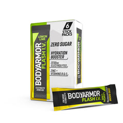 BODYARMOR Flash IV electrolyte packets lemon lime for on-the-go hydration, no sugar.