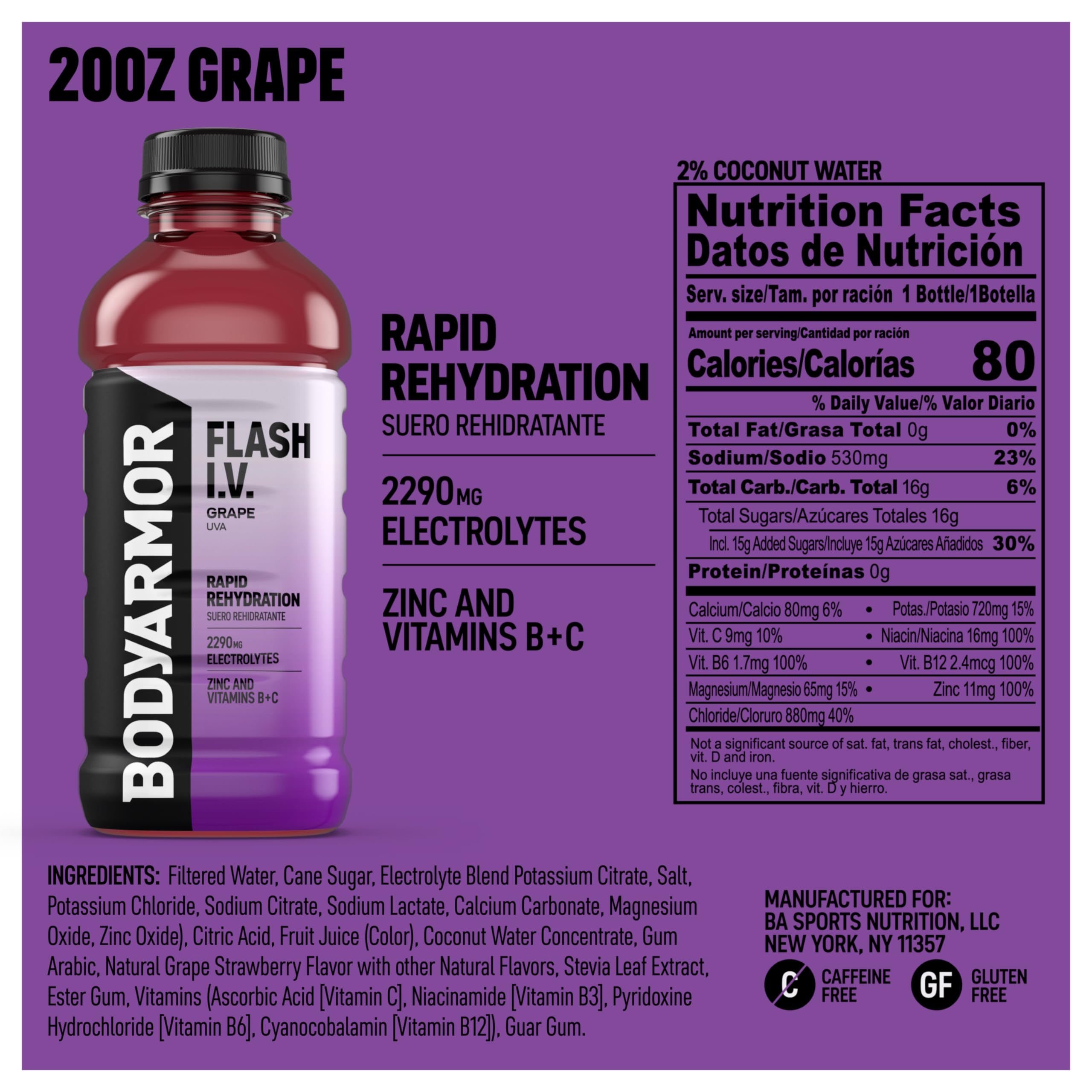 BODYARMOR Flash I.V. Grape bottle front view highlights 20 oz size for on-the-go hydration.