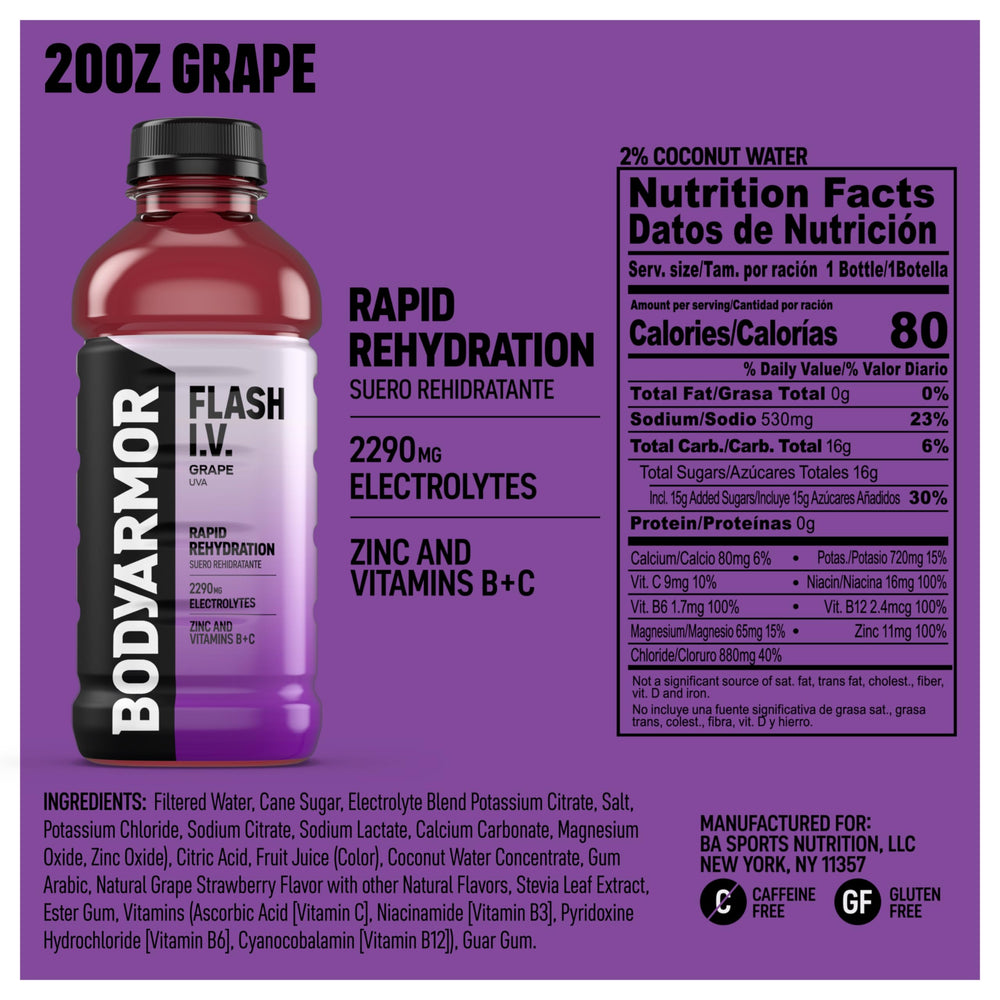 BODYARMOR Flash I.V. Grape bottle front view highlights 20 oz size for on-the-go hydration.
