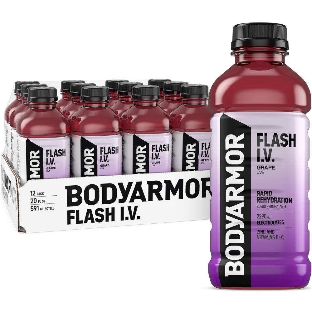 BODYARMOR Flash I.V. Grape bottle pours, showing rapid hydration after workouts.