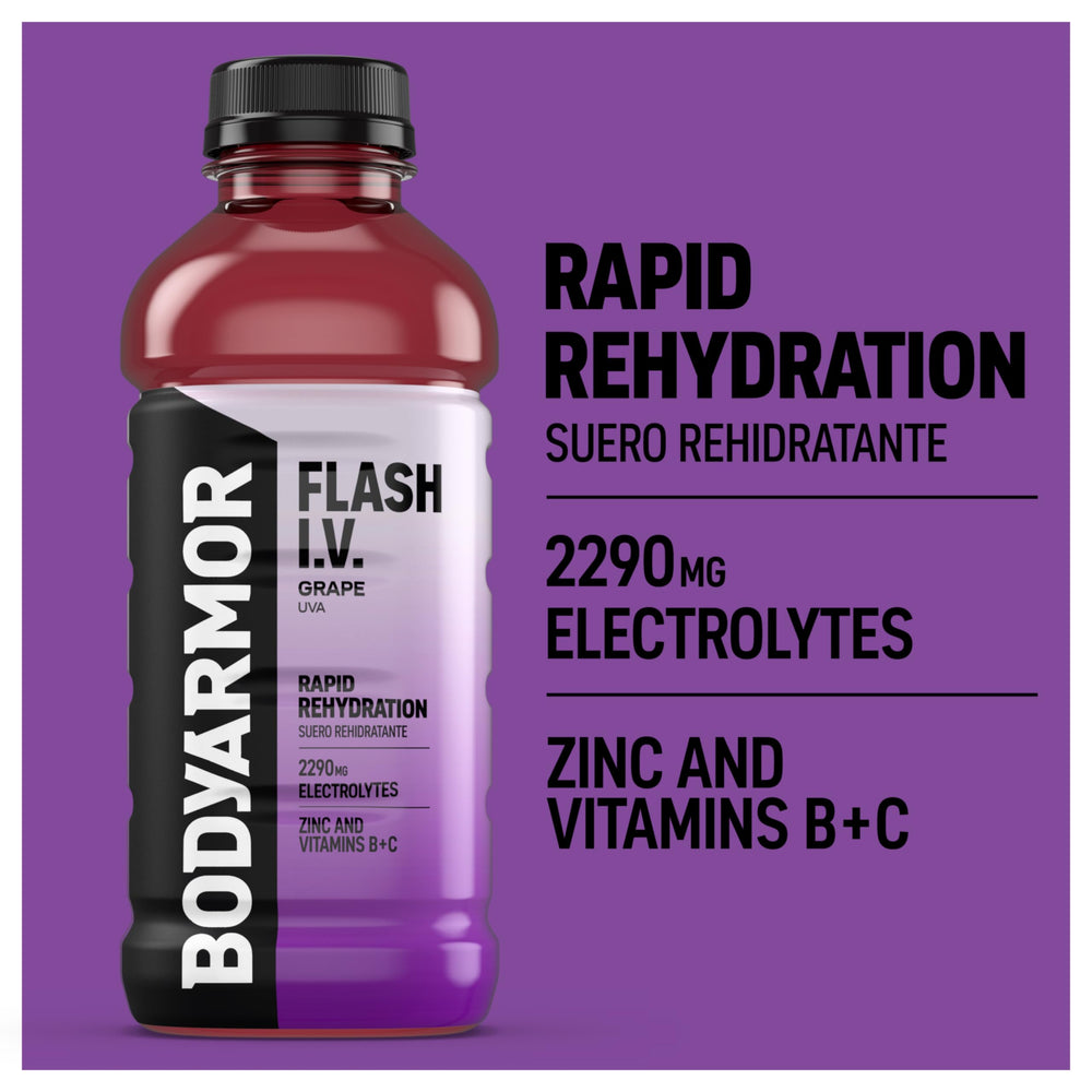 BODYARMOR Flash I.V. Grape bottle side view implies convenient, on-the-go recovery.