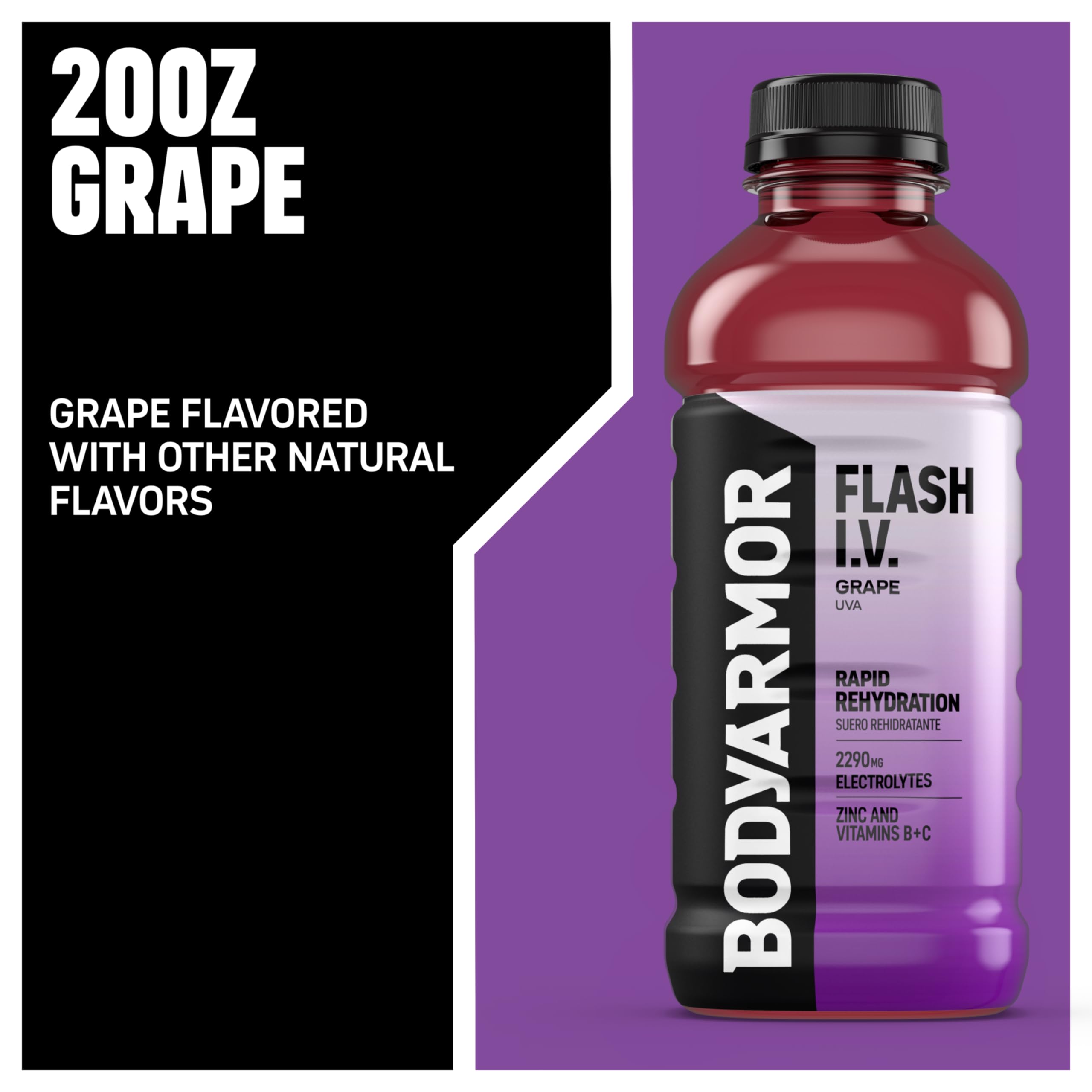 BODYARMOR Flash I.V. Grape label close-up emphasizes electrolytes and coconut water blend.