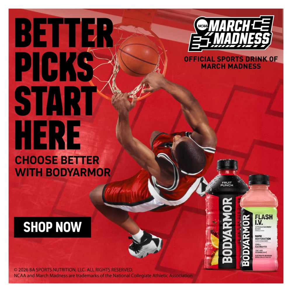 BODYARMOR Flash I.V. Grape liquid in a glass with ice conveys refreshing flavor.
