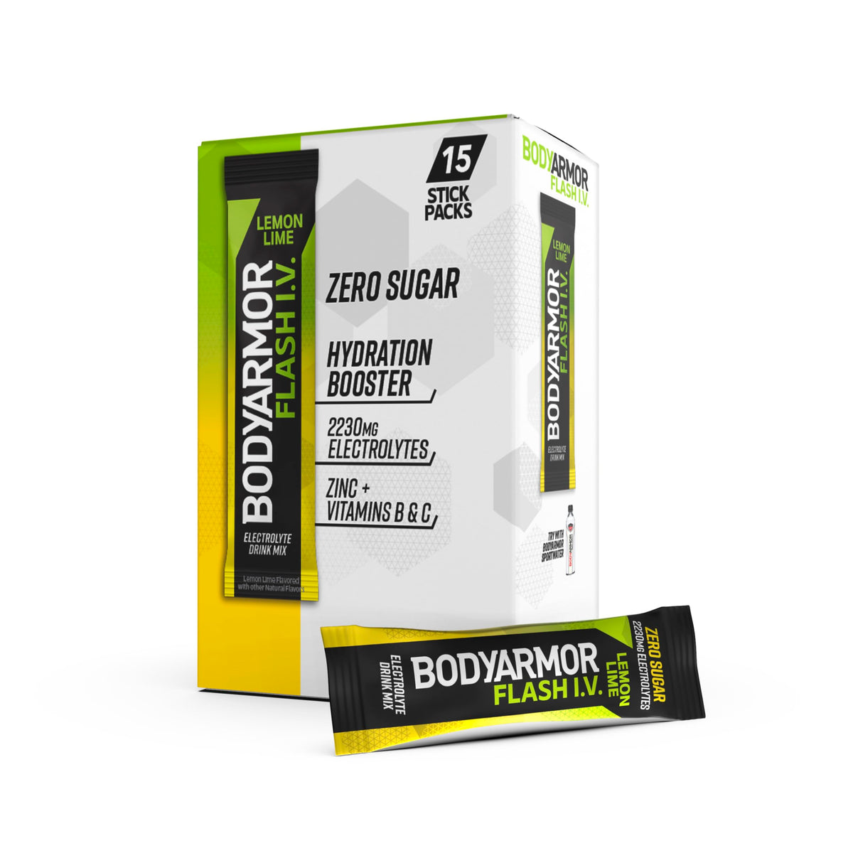 BODYARMOR Flash I.V. Lemon Lime packaging enables on the go hydration.