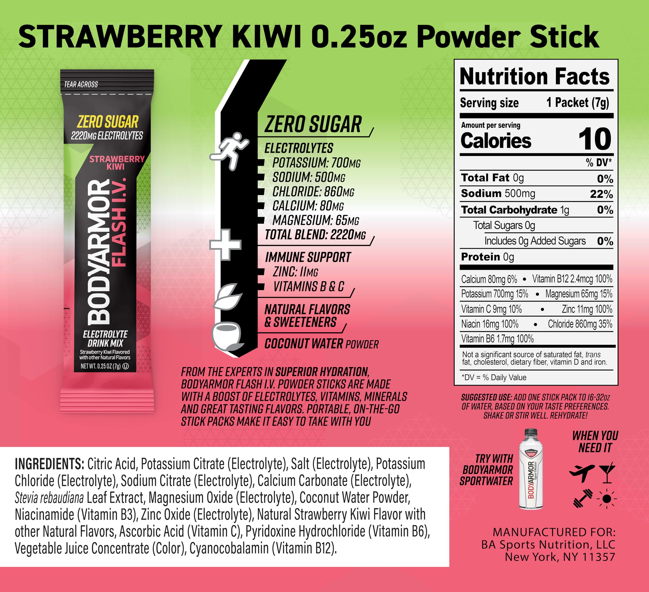 BODYARMOR Flash IV lemon lime stick delivering zero sugar hydration on busy days.