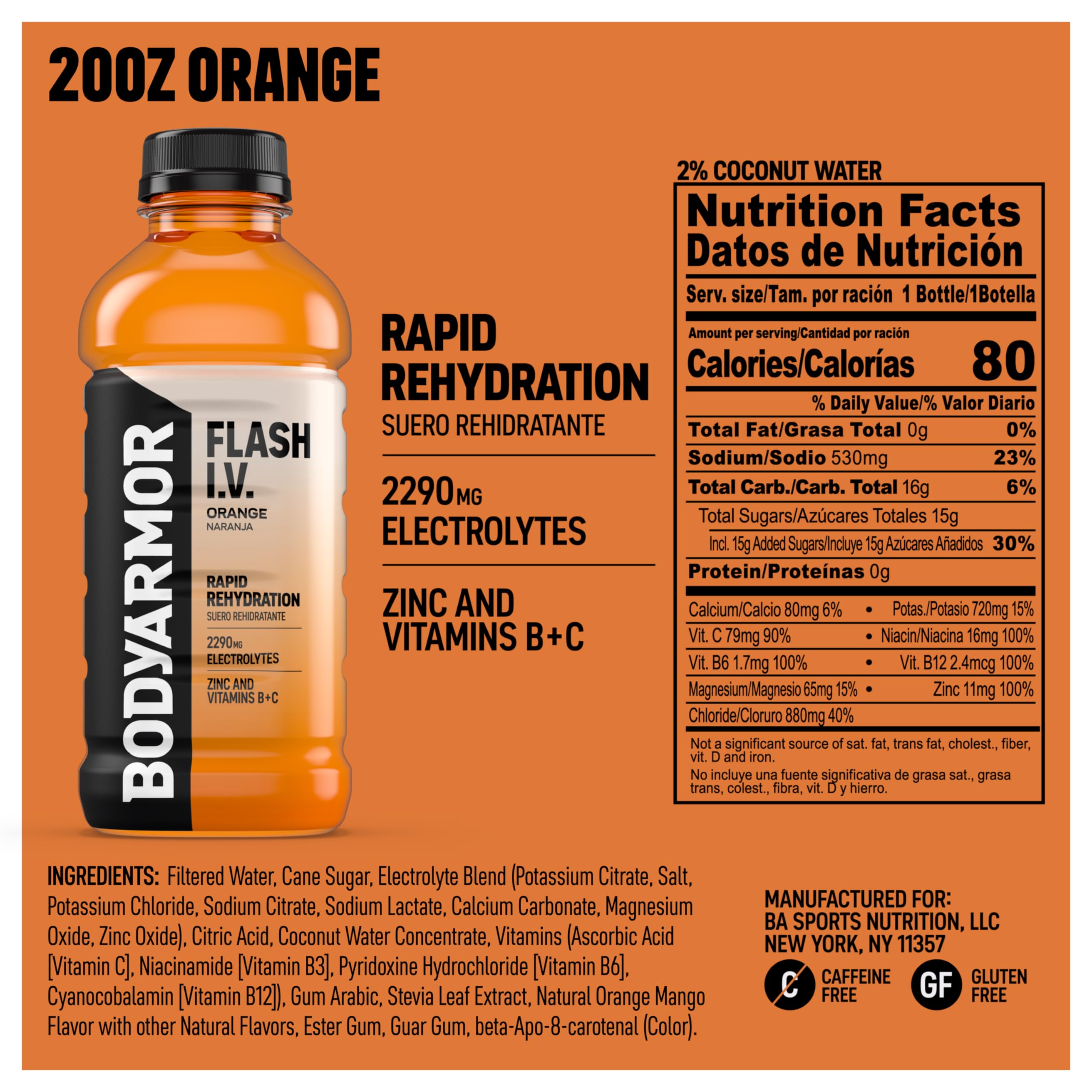 BODYARMOR Flash I.V. Orange bottle back highlights electrolytes for recovery.