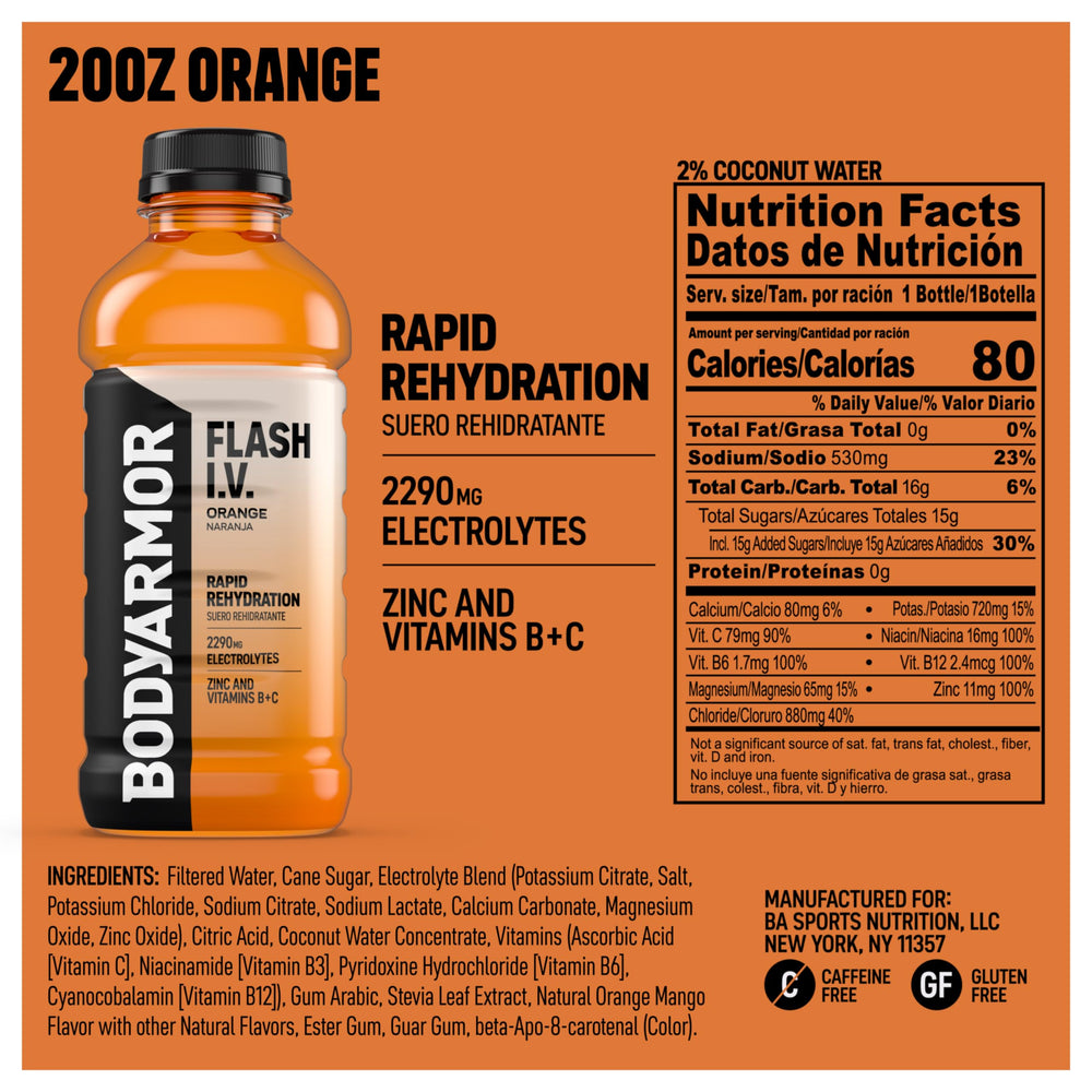 BODYARMOR Flash I.V. Orange bottle back highlights electrolytes for recovery.