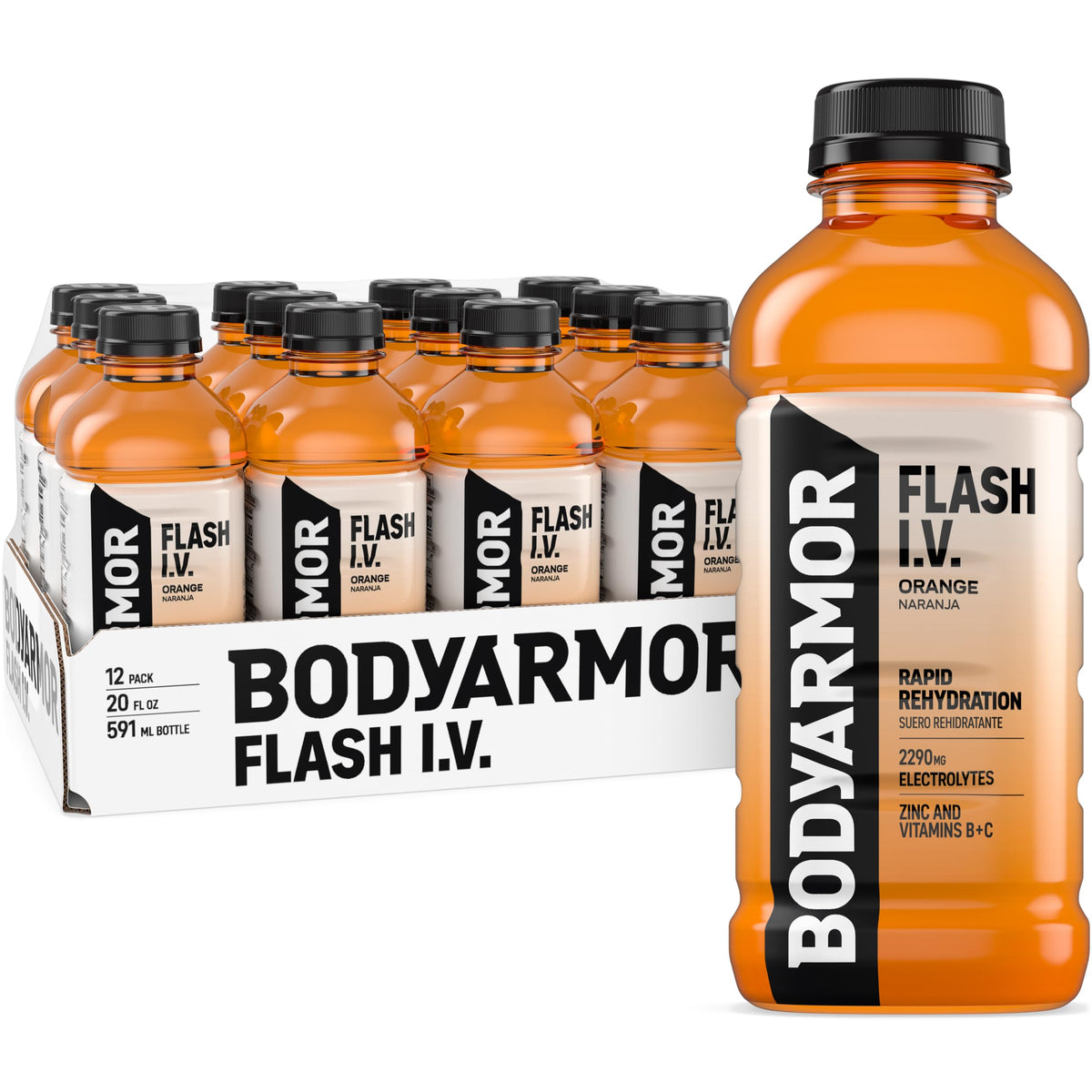BODYARMOR Flash I.V. Orange bottle front for quick hydration after workouts.