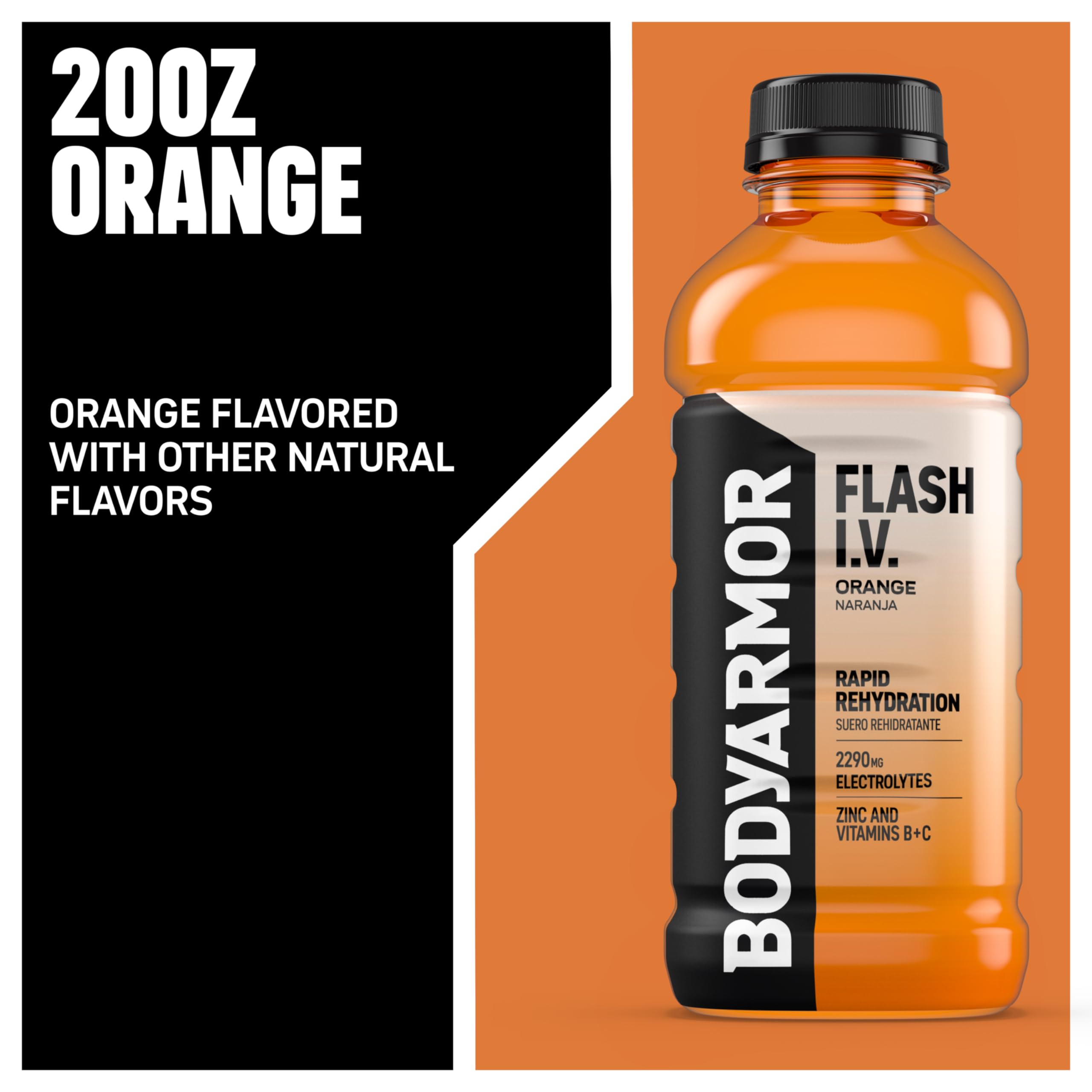 BODYARMOR Flash I.V. Orange bottle pour shows fast hydration with coconut water.