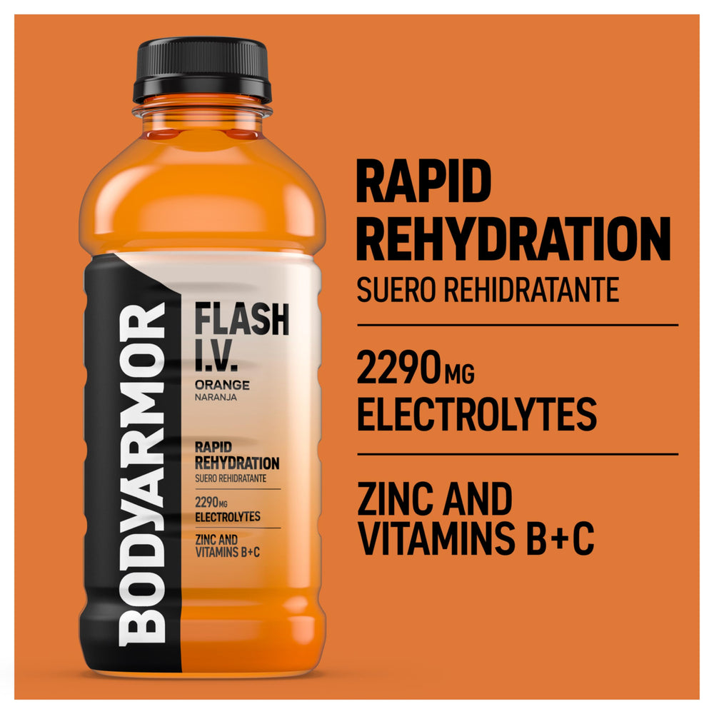 BODYARMOR Flash I.V. Orange label closeup showcases no artificial additives.